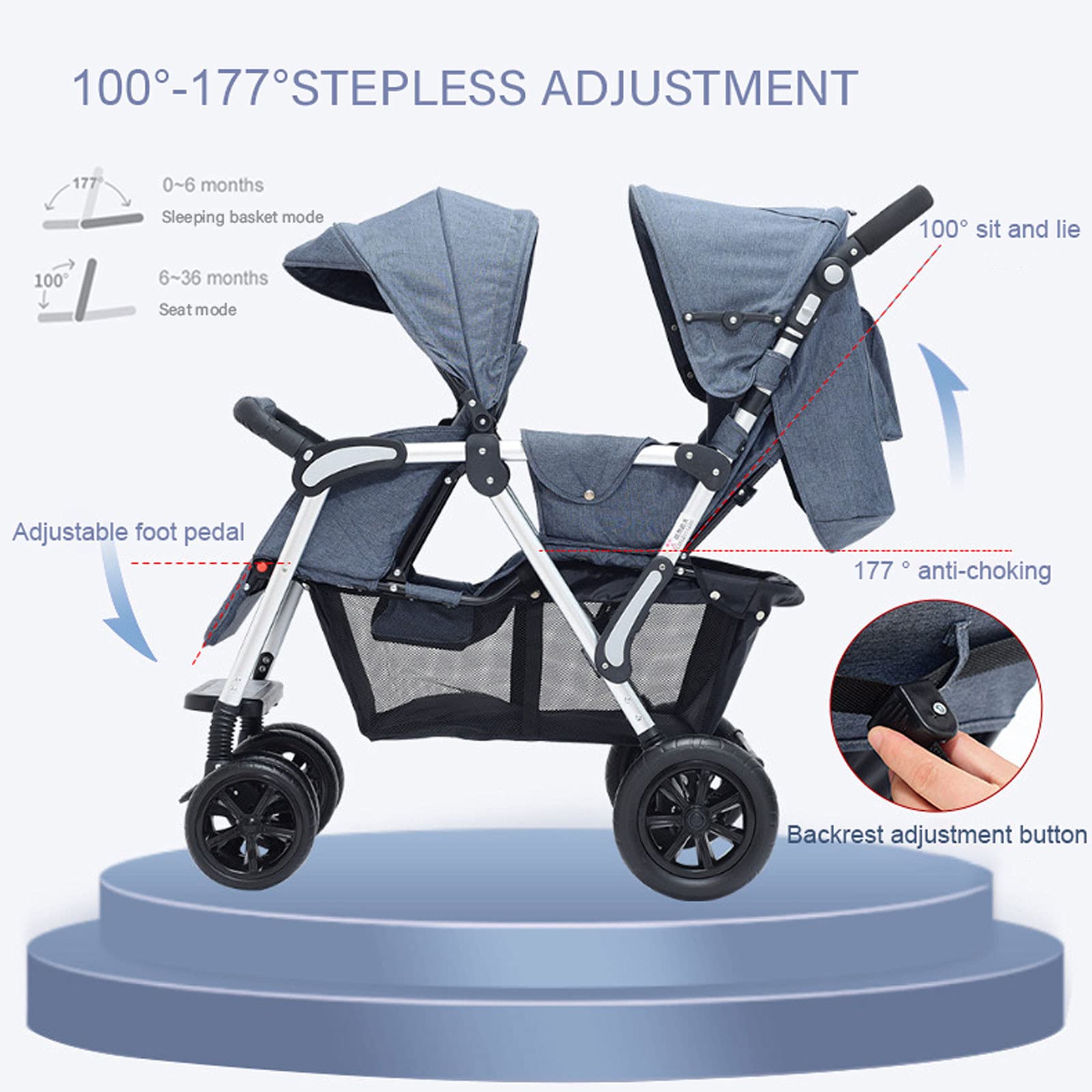 ESSBABY Double Stroller for Twins & Siblings - Lightweight Foldable Tandem Pushchair with Adjustable Height & Sun Canopy | Perfect for Shopping, Travel & Daily Walks