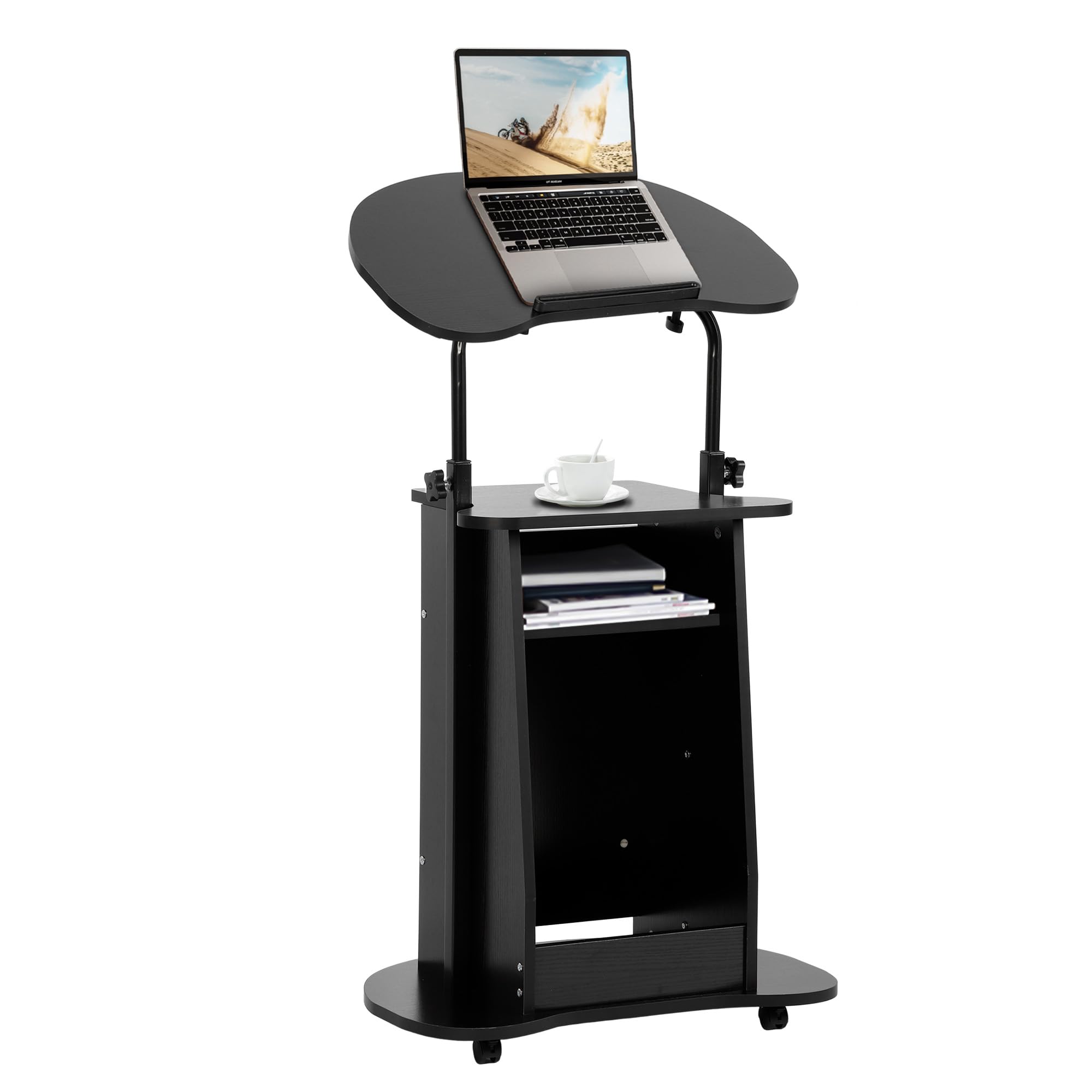 **Height Adjustable Mobile Lectern Podium Stand with Tilting Desktop & Storage Cabinet - Rolling Lectern Cart for Laptop, Classroom, Church & Home Office - Perfect for Presentations, Teaching & Remote Work**