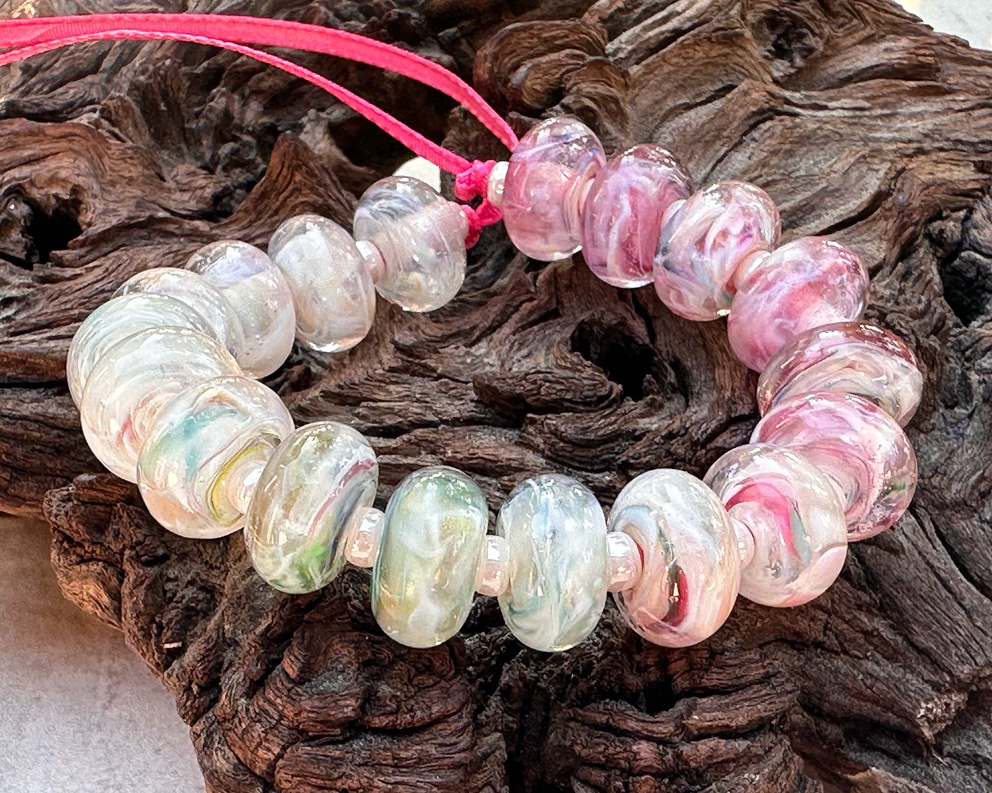 18 Dreamy Pink & Cream Lampwork Glass Beads Set for Jewelry Making - DIY Bracelets, Necklaces & Craft Projects - SRA
