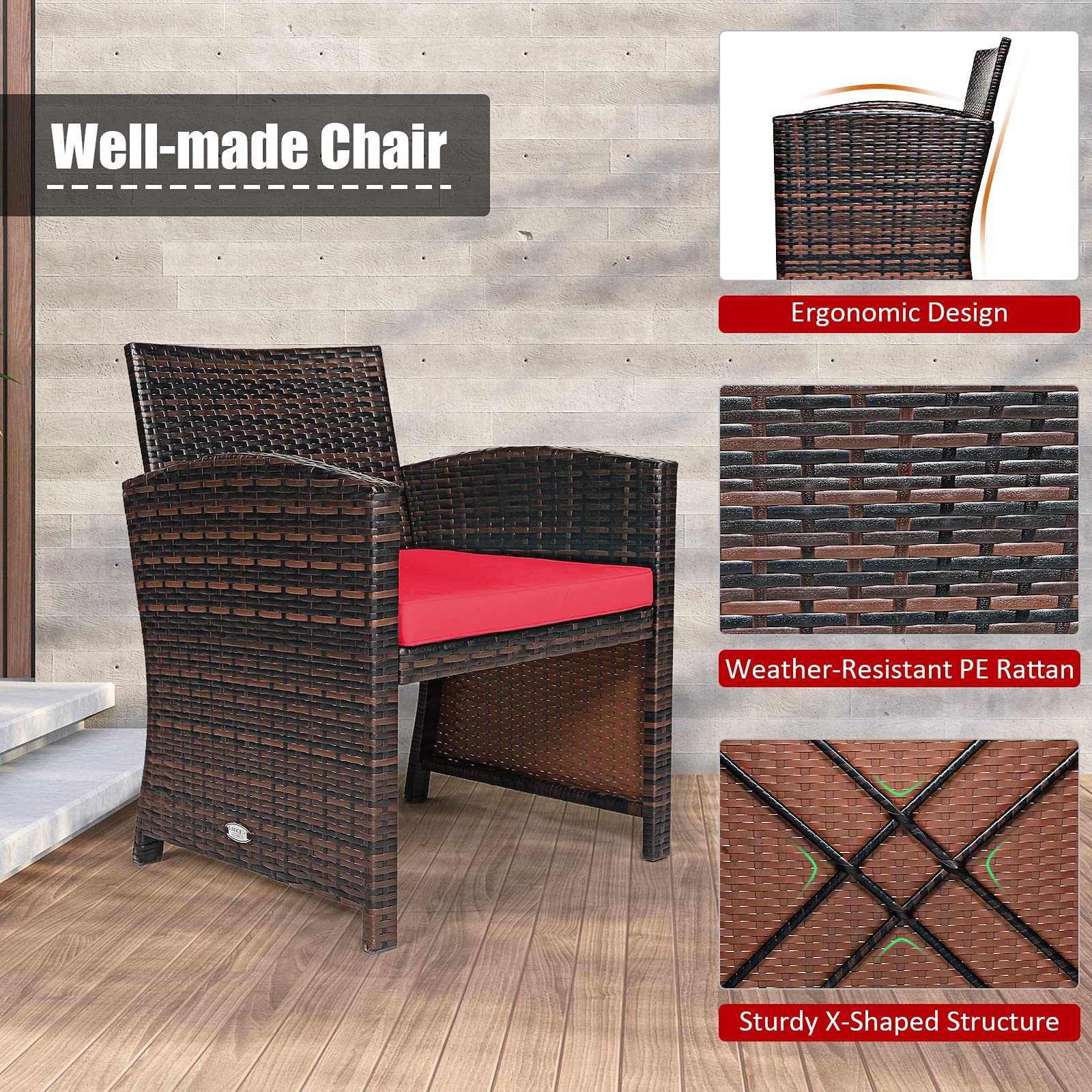 Tangkula 3-Piece Outdoor PE Rattan Patio Furniture Set with Chair & Storage Coffee Table - Waterproof Wicker Conversation Set, Detachable Cushions, Sturdy X-Shaped Frame - Perfect for Garden, Backyard, Poolside, Deck or Balcony (Red) - Ideal for Relaxing, Entertaining & Outdoor Dining