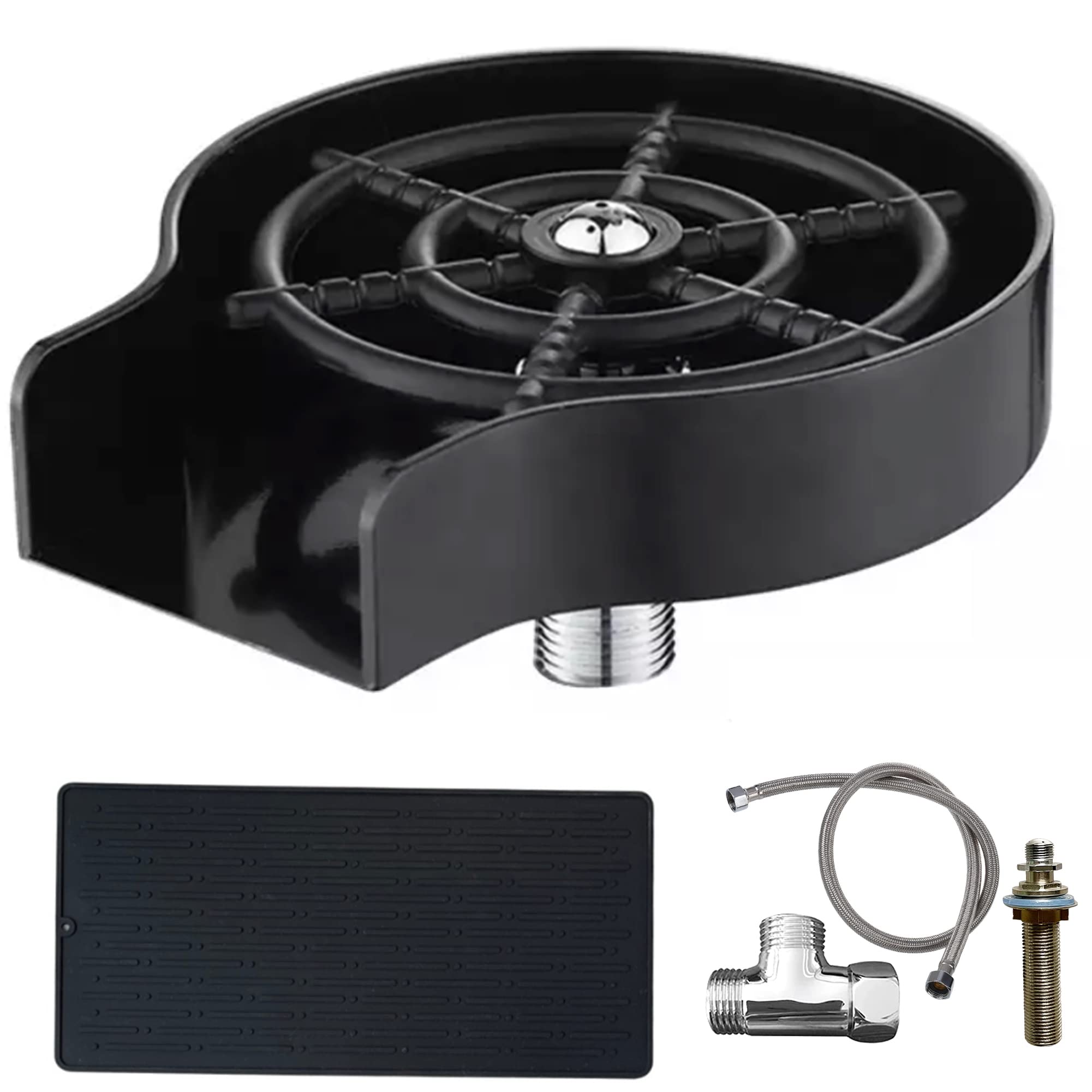 Stainless Steel Glass Rinser for Kitchen Sink - Powerful Cup & Wine Glass Washer with 360° Spray Nozzle - Black Metal Base Sink Accessory with Free Drying Mat - Perfect for Bar, Restaurant & Home Kitchen Use