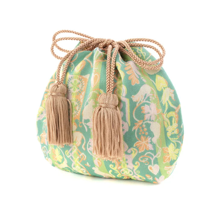 Nishijin Ori Small Drawstring Bag - Japanese Traditional Craft Purse Made in Kyoto | Cat & Love Spoon Design | Perfect for Gift, Cosplay & Cultural Enthusiasts