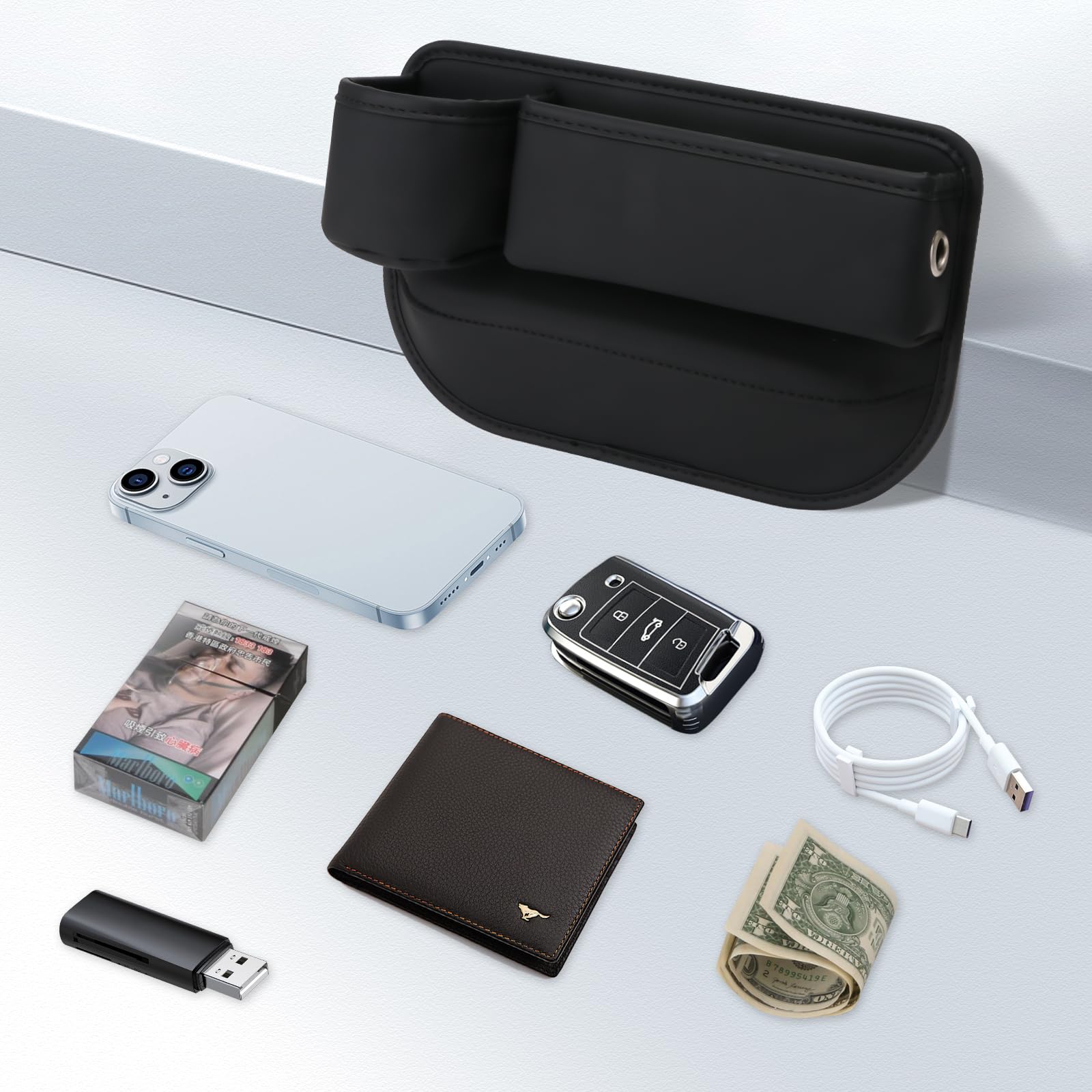 2024 Universal Car Seat Gap Filler Organizer - Black Leather Storage Box for Driver Side | Holds Glasses, Phones, Keys & Cards | Perfect for Road Trips & Daily Commutes