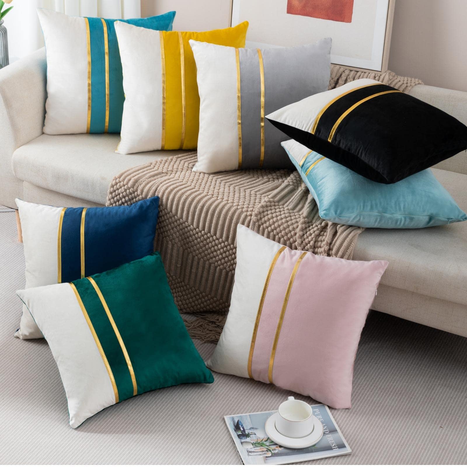 ZLINA Set of 2 Velvet Decorative Throw Pillow Covers - 16x16 Inch Pink & White Patchwork with Gold Leather Accents for Sofa, Bed, Living Room & Car Decor | Soft Luxury Cushion Covers for Home & Vehicle Styling