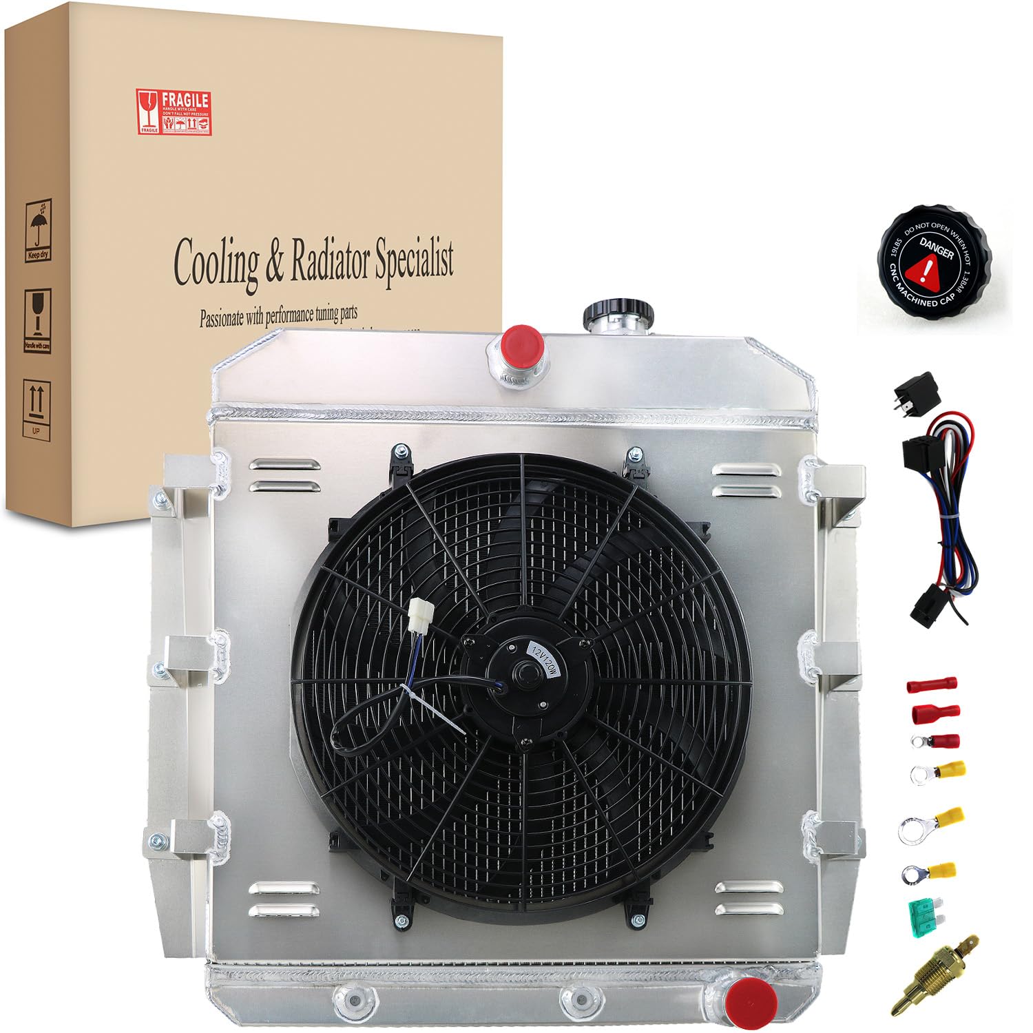 High-Performance 3 Row Aluminum Radiator for 1955-1959 Chevy GMC Pickup Truck 3400 3600 3800 Models - V8 Engine Cooling System with Fan Shroud & Relay - Perfect for Restoration Projects & Hot Rod Upgrades