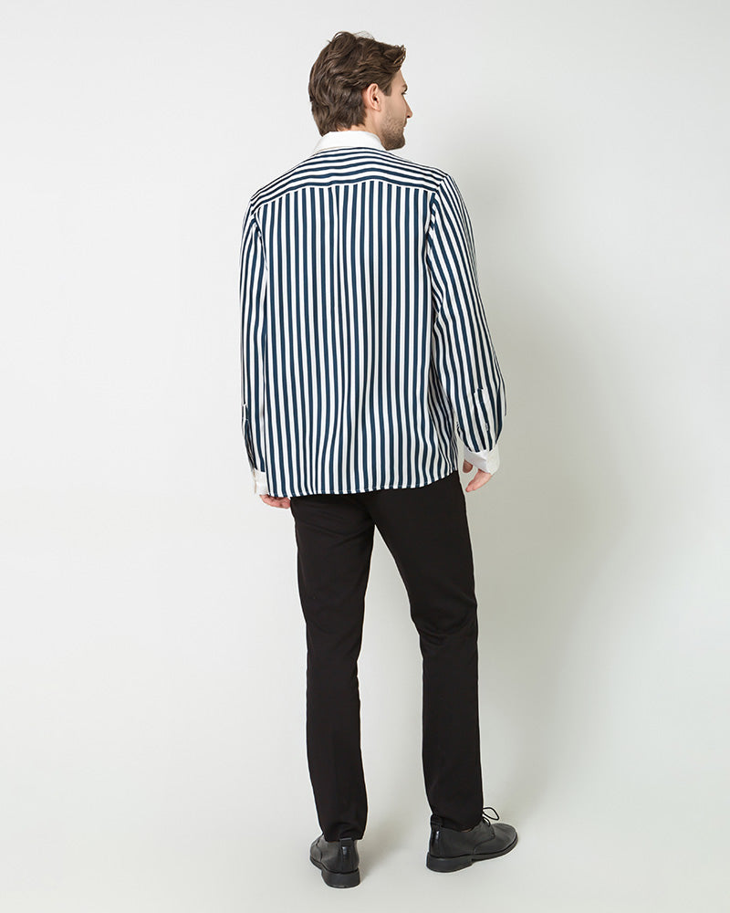 Premium Men's Silk Striped Dress Shirt with White Collar & Cuffs | Formal Business Attire & Special Occasion Wear