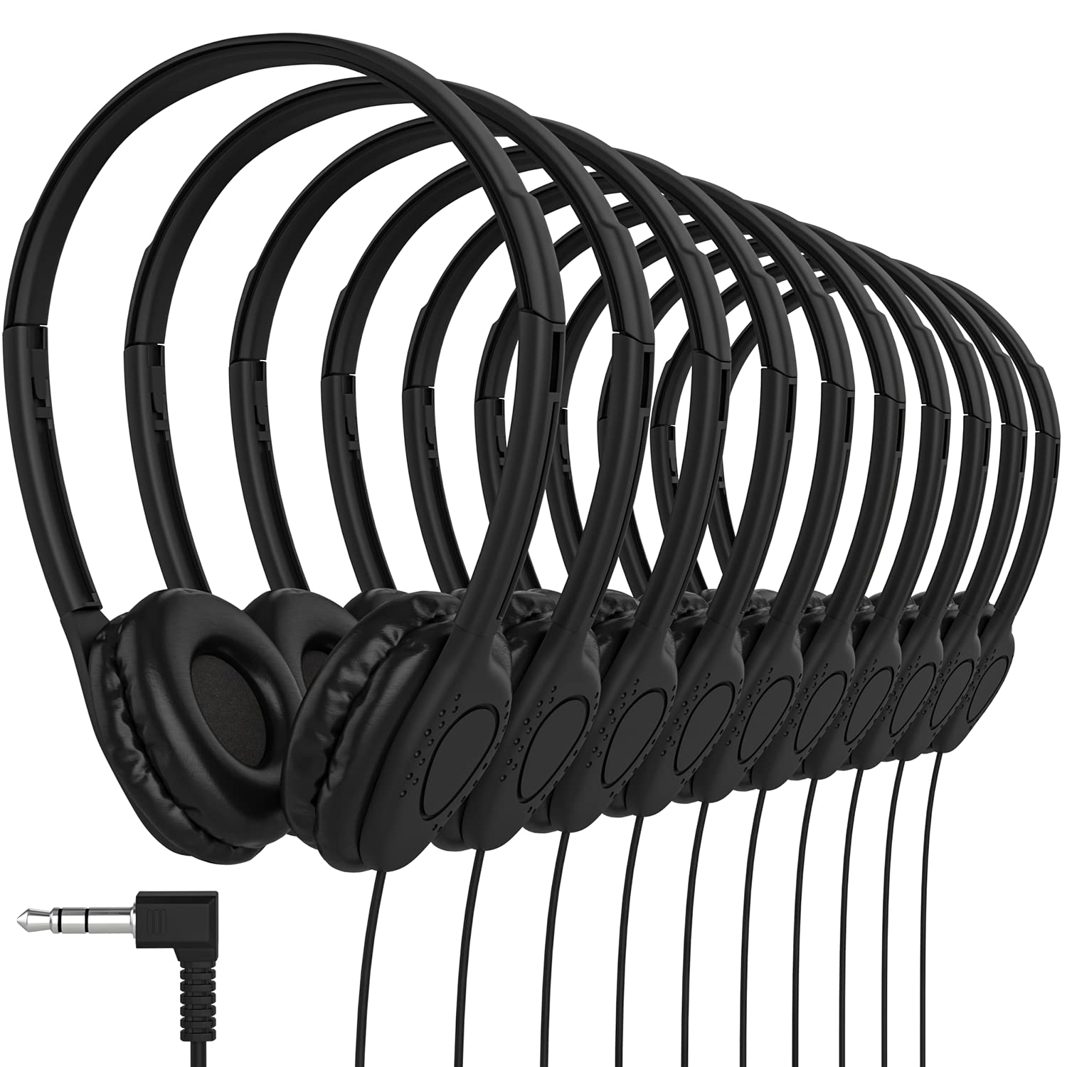 Bulk 100 Pack Maeline On-Ear Stereo Headphones for Students - Adjustable Headband & Soft Faux Leather Cushions - 3.5mm Plug - Ideal for Online Learning, Classroom, Library, School, Airplane & Travel - Black (Durable Kids Headphones for Education & Entertainment)