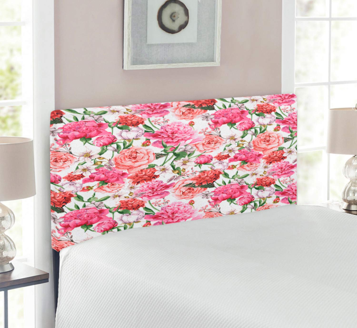 Ambesonne Watercolor Floral Headboard - Victorian Style Peony & Rose Print Upholstered Metal Bed Frame with Memory Foam - Twin Size White & Blush Pink - Perfect for Bedroom Decor & Guest Room Makeover