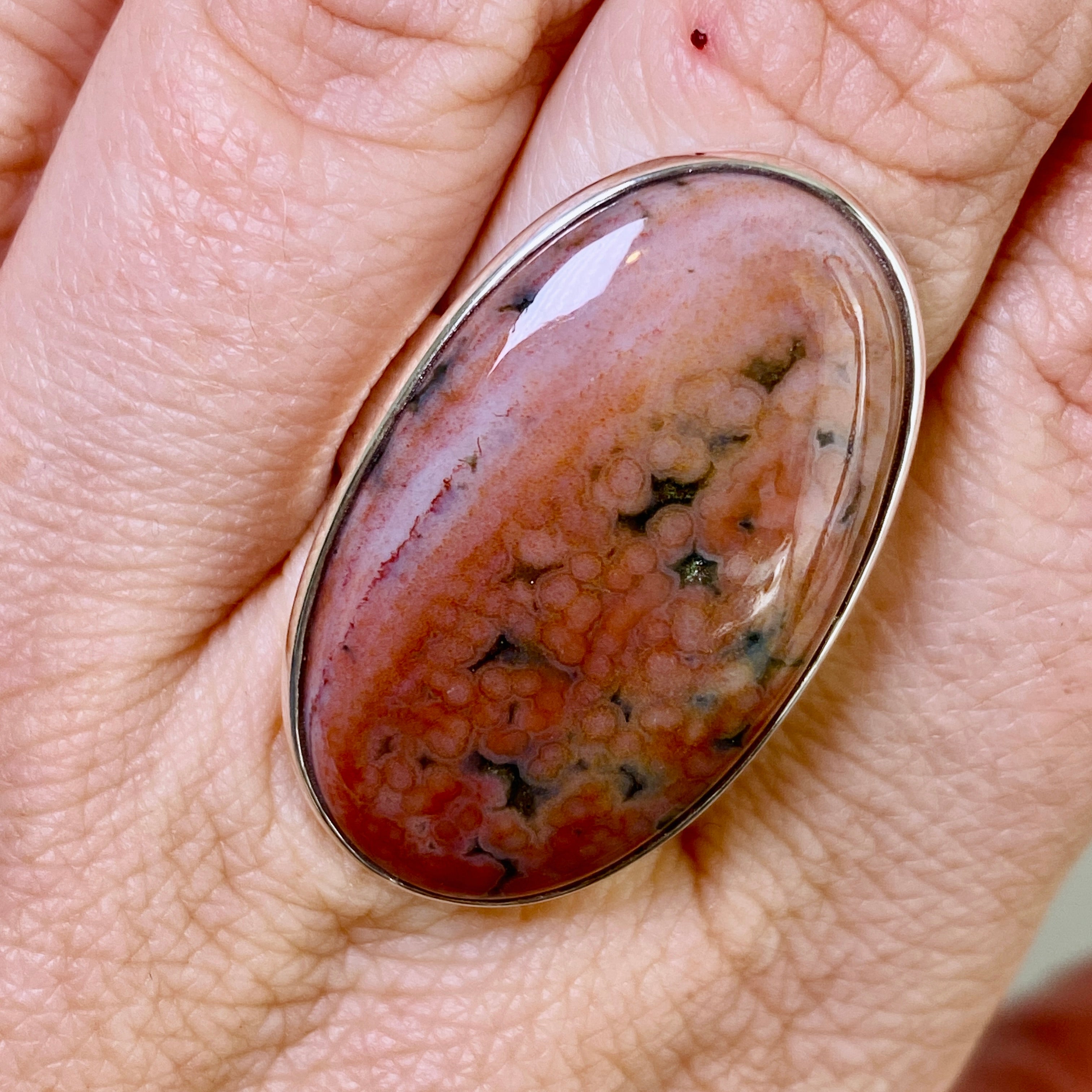 Ocean Jasper Oval Cabochon Ring - Size 8 - Natural Stone Jewelry - Handmade Silver Ring for Women - Perfect for Boho Style, Meditation & Spiritual Healing