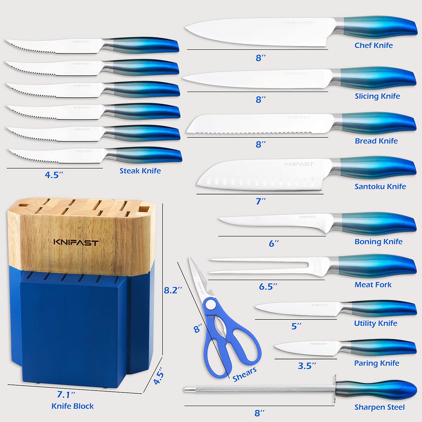 KNIFAST 17-Piece Full Tang German Stainless Steel Kitchen Knife Set with Wooden Block, Knife Sharpener & 6 Steak Knives (Blue) - Perfect for Home Chefs, Cooking Enthusiasts & Professional Kitchens