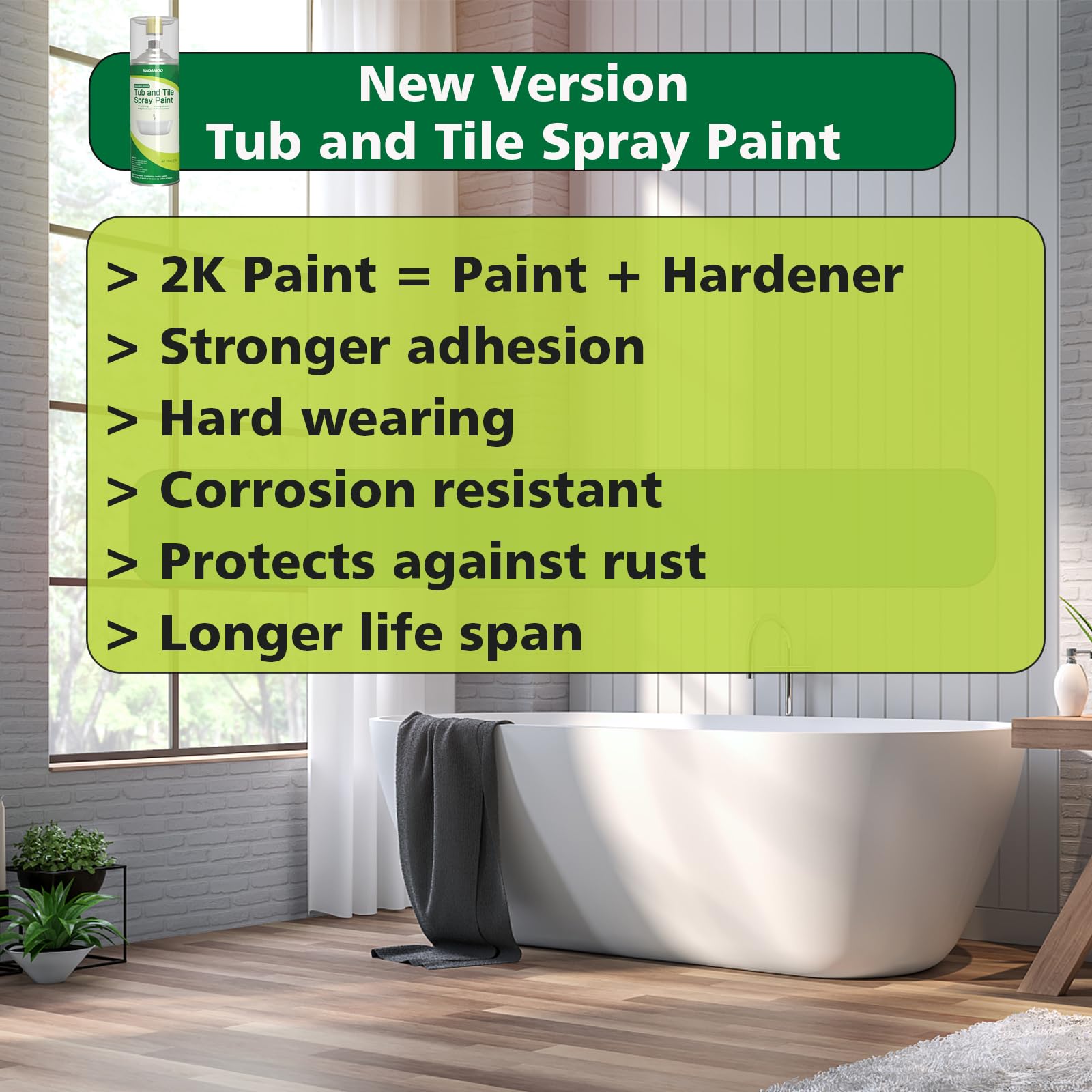 NADAMOO 2-Pack Tub and Tile Spray Paint Kit - High Gloss White Enamel Aerosol Refinishing Paint for Porcelain Bathtubs, Sinks, Showers & Fixtures - Easy DIY Bathroom Renovation & Home Improvement Project (4 Cans)