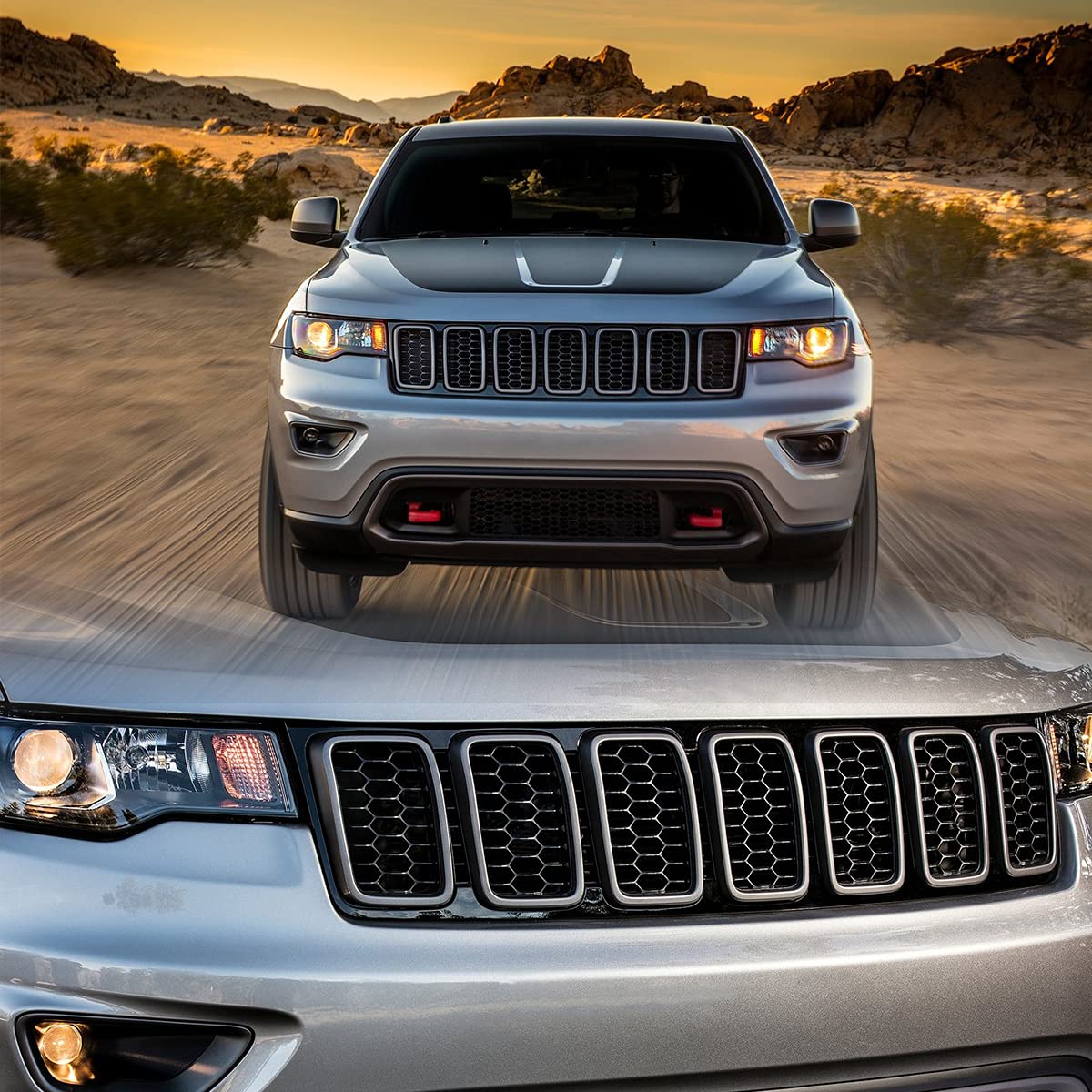 Matte Black Honeycomb Front Grill Inserts Mesh Grille for 2017-2022 Jeep Grand Cherokee - 7PCs Set | Off-Road Style Upgrade & Custom Look for SUV Enthusiasts