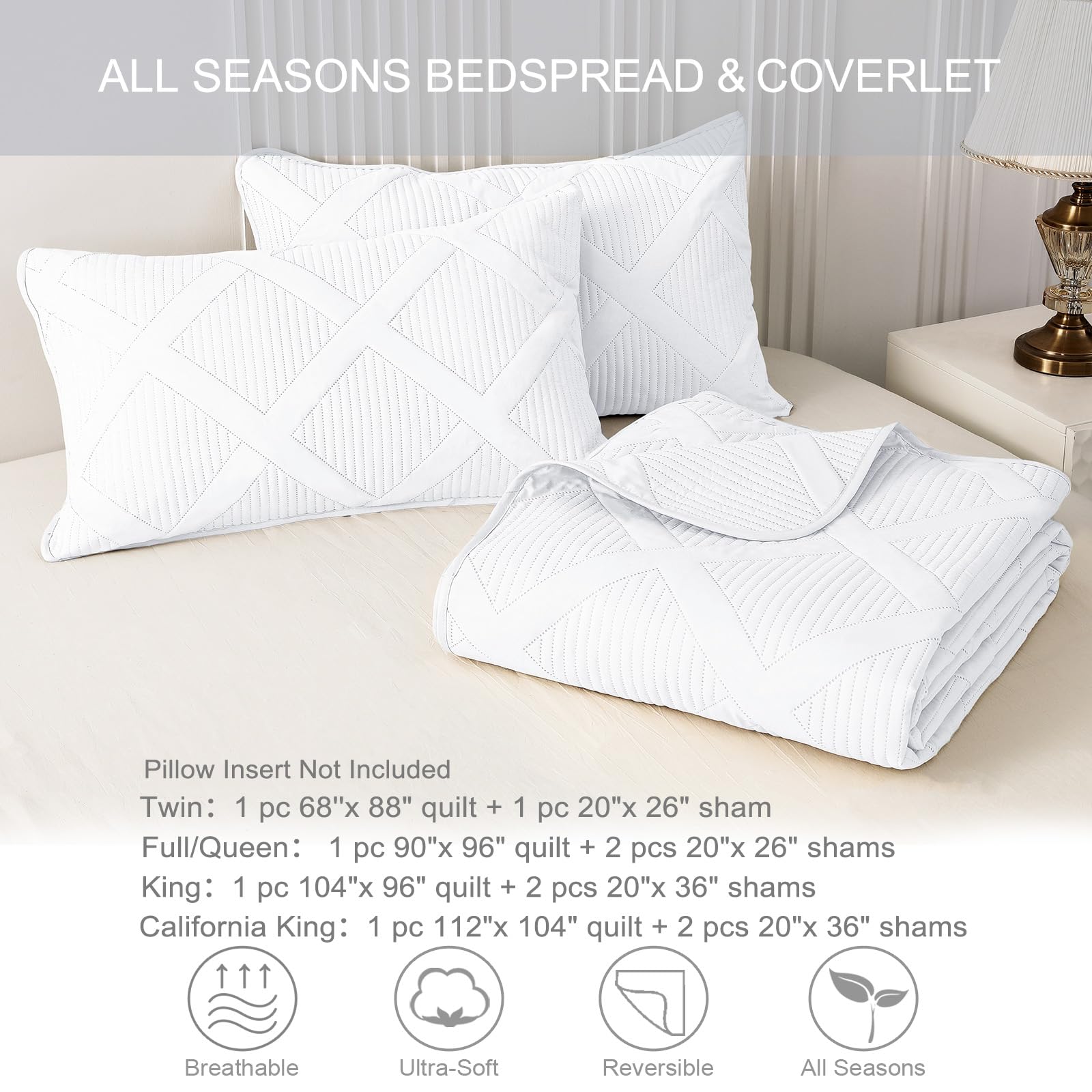 Exclusive Full Queen Size Quilt Set with Modern Striped Pattern - 3 Piece Lightweight White Bedding Set, Soft All-Season Bedspread & Coverlet for Bedroom, Guest Room, Dorm Decor