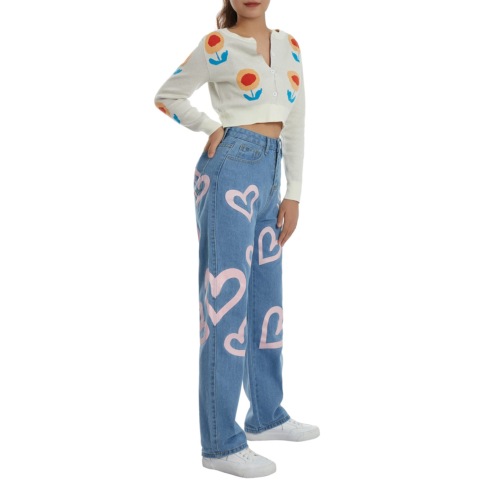 FOMOYUU Women's High Waist Loose Fit Printed Jeans - Y2K Retro Straight Leg Wide Pants for Streetwear & Casual Outfits | Perfect for Daily Wear, Parties, and Fashion Street Style