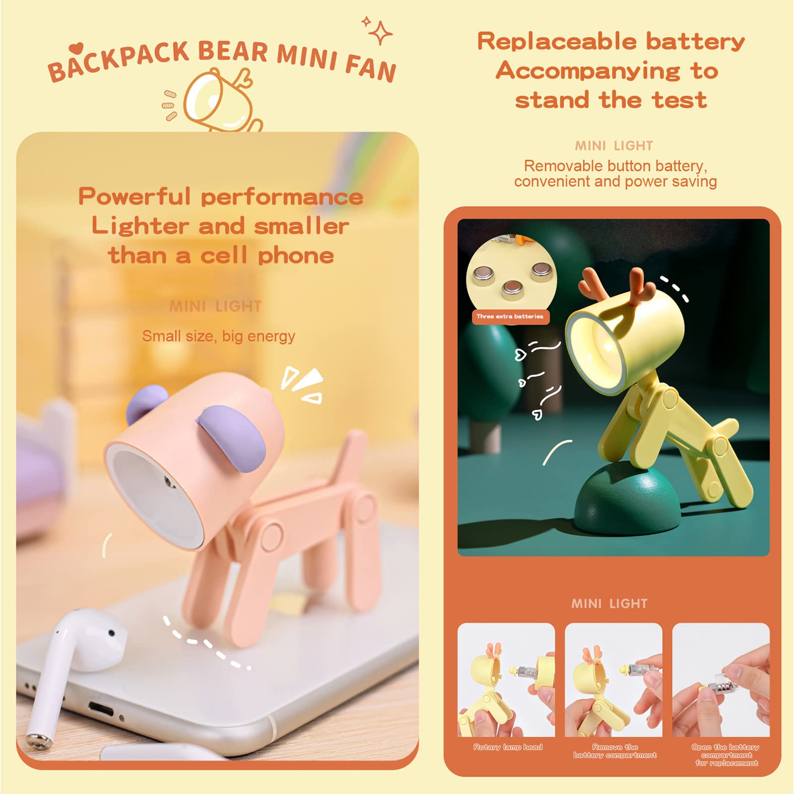 Mini LED Desk Lamp with Phone Holder - Cute Dog/Deer Shape Night Light, Adjustable Reading Light for Kids, Students, Bedroom & Nursery | Portable Study Lamp, Bedside Table Light for Home Office & Dorm Room