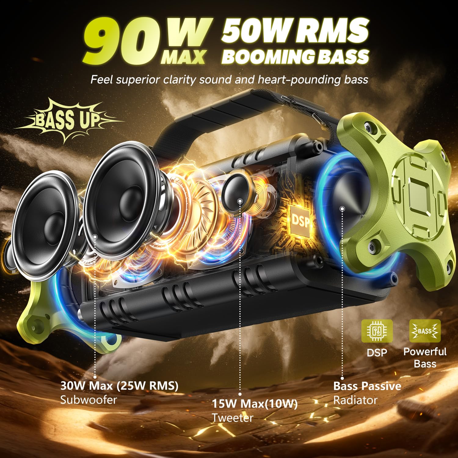 W-King 90W Peak Power Bluetooth Speaker - Portable Wireless Speaker with Deep Bass Subwoofer, IPX6 Waterproof, 40H Playtime, EQ & Stereo Pairing | Perfect for Camping, Beach Parties, Backyard BBQs & Outdoor Adventures