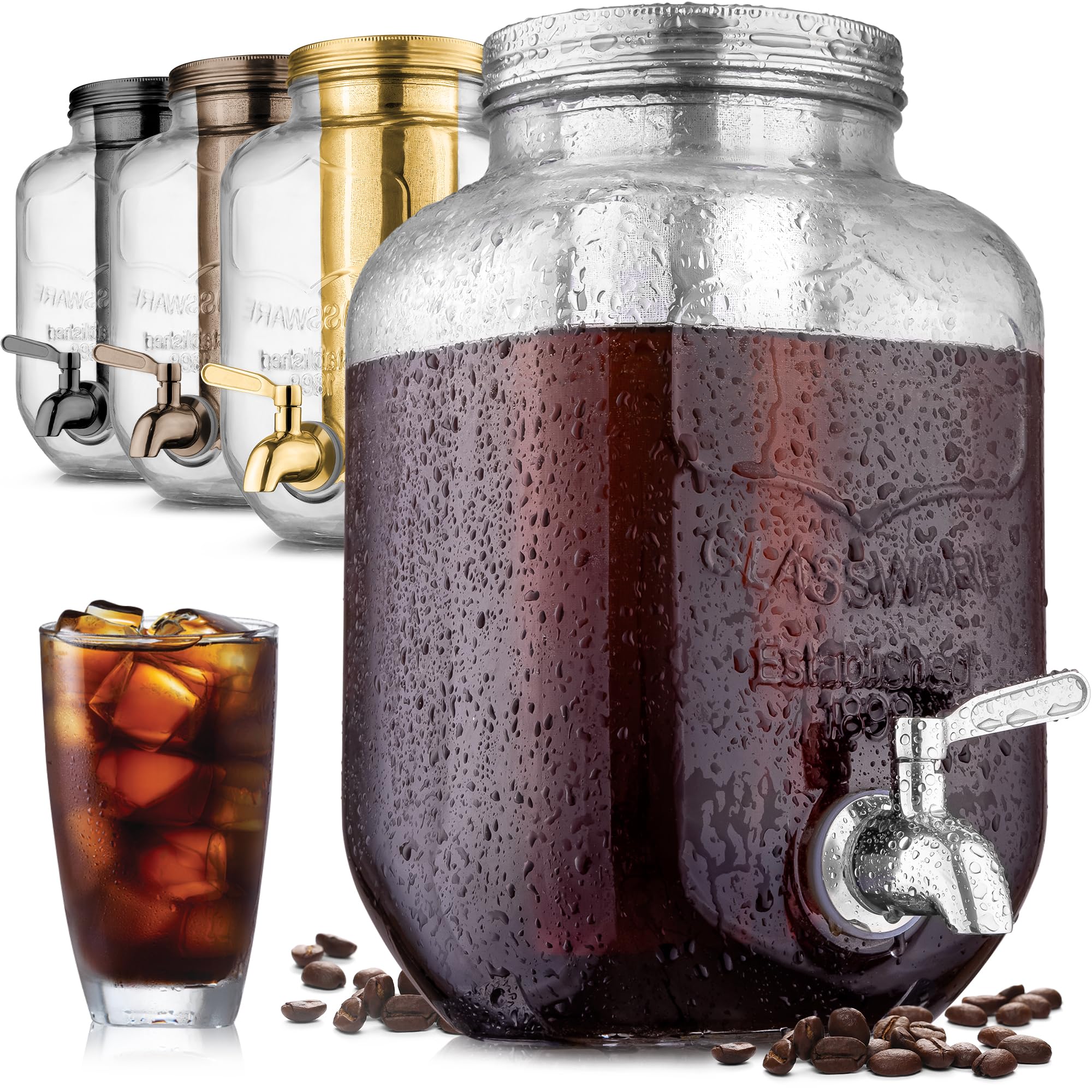Zulay Kitchen 1 Gallon Cold Brew Coffee Maker - Large Iced Tea & Cold Brew Pitcher with Extra-Thick Glass & Stainless Steel Infuser - Airtight Lid & Spout - Perfect for Home, Office, and Outdoor Use (Silver)