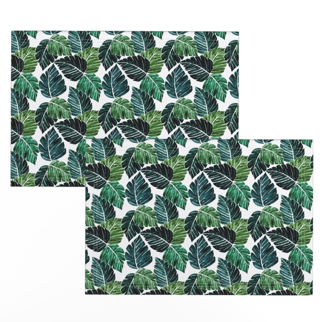 Premium Monstera Leaf Print Linen Cotton Canvas Placemats Set of 2 - Tropical Palm Jungle Green Chic Table Mats for Dining, Kitchen, and Party Decor