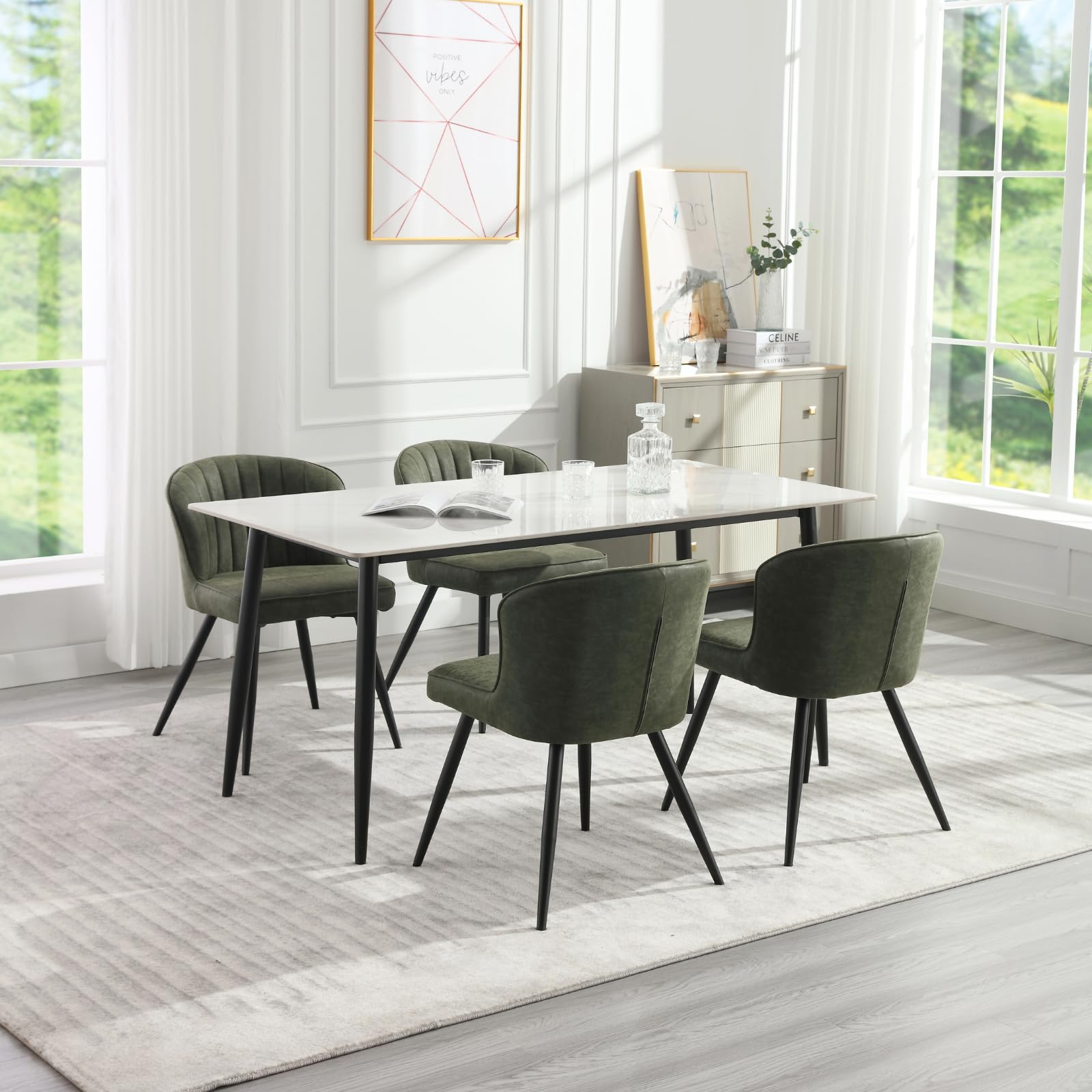 Set of 2 Green Faux Leather Dining Chairs - Mid Century Modern Upholstered Armless Side Chairs for Kitchen, Dining Room & Living Room - Perfect for Small Spaces & Contemporary Home Decor