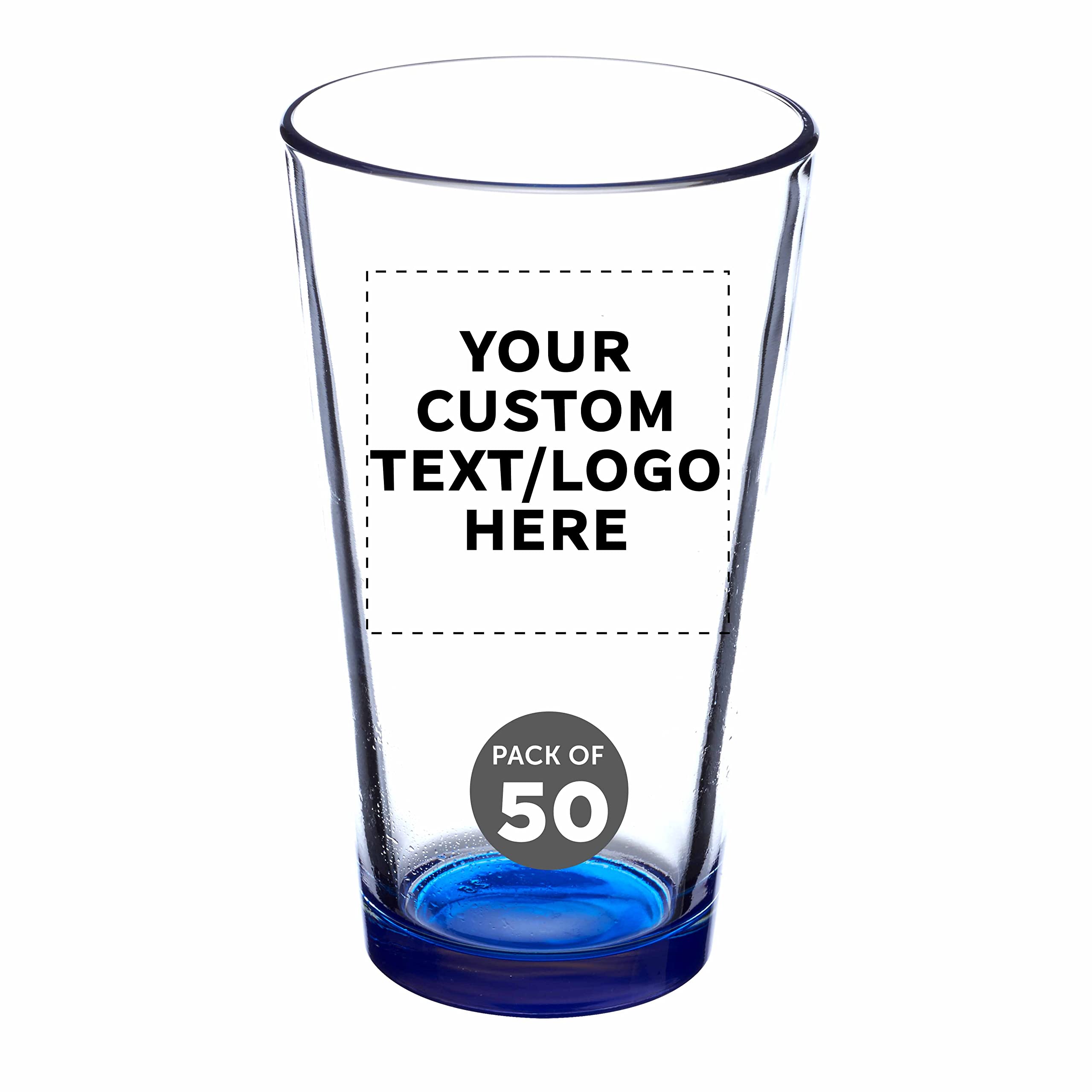 Custom Beer Pint Glasses 16 oz - Set of 50 Bulk Pack | Personalized Bar & Restaurant Glassware with Thick Base & Walls | Durable, Stackable Drinking Glasses for Pubs, Parties & Events (Blue)