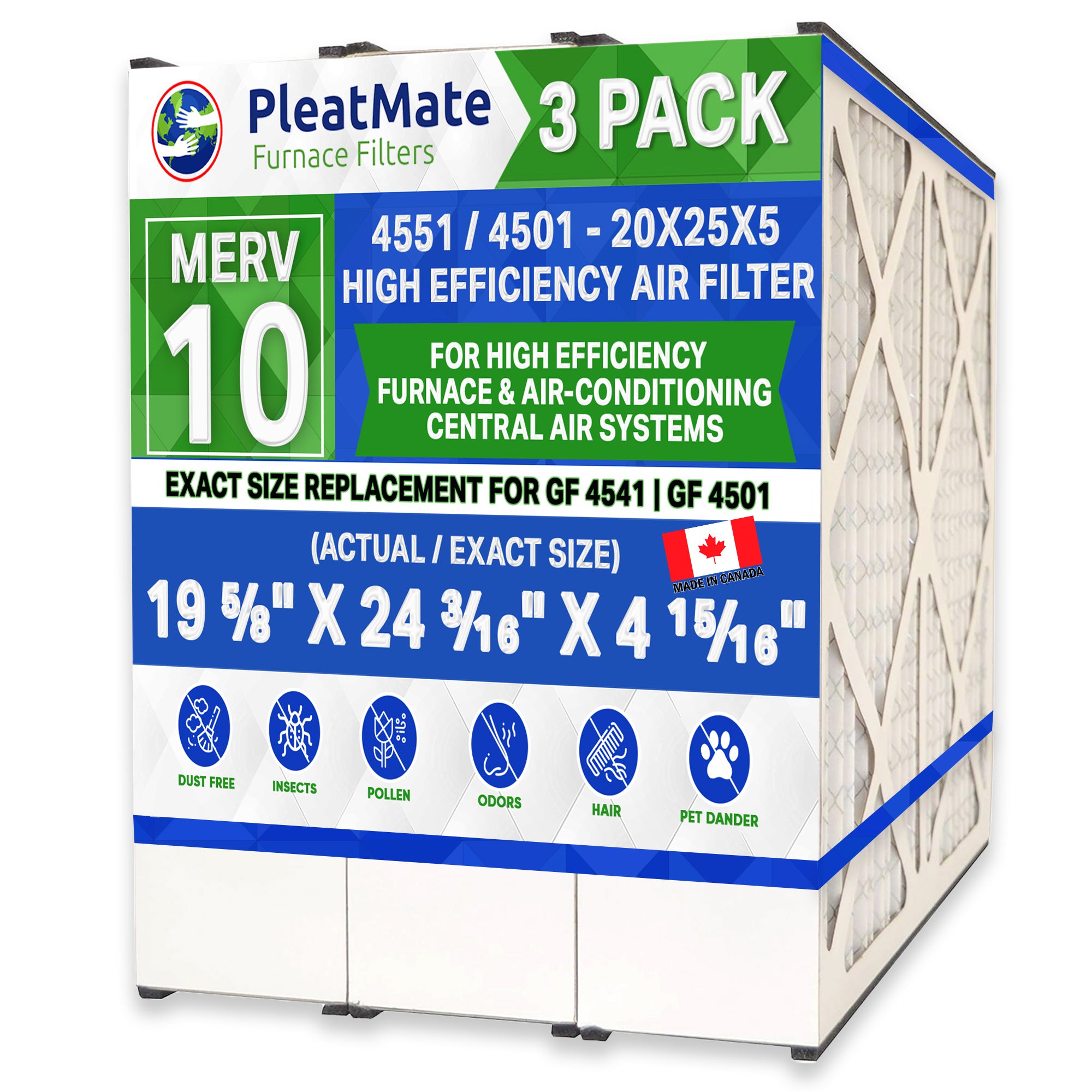 Generalaire 4501 MERV 10 Furnace Air Filter 20x25x5 - 3 Pack Replacement for GF 4551 & Mac 2000 | Made in Canada | Perfect for Home HVAC Systems & Air Purifiers