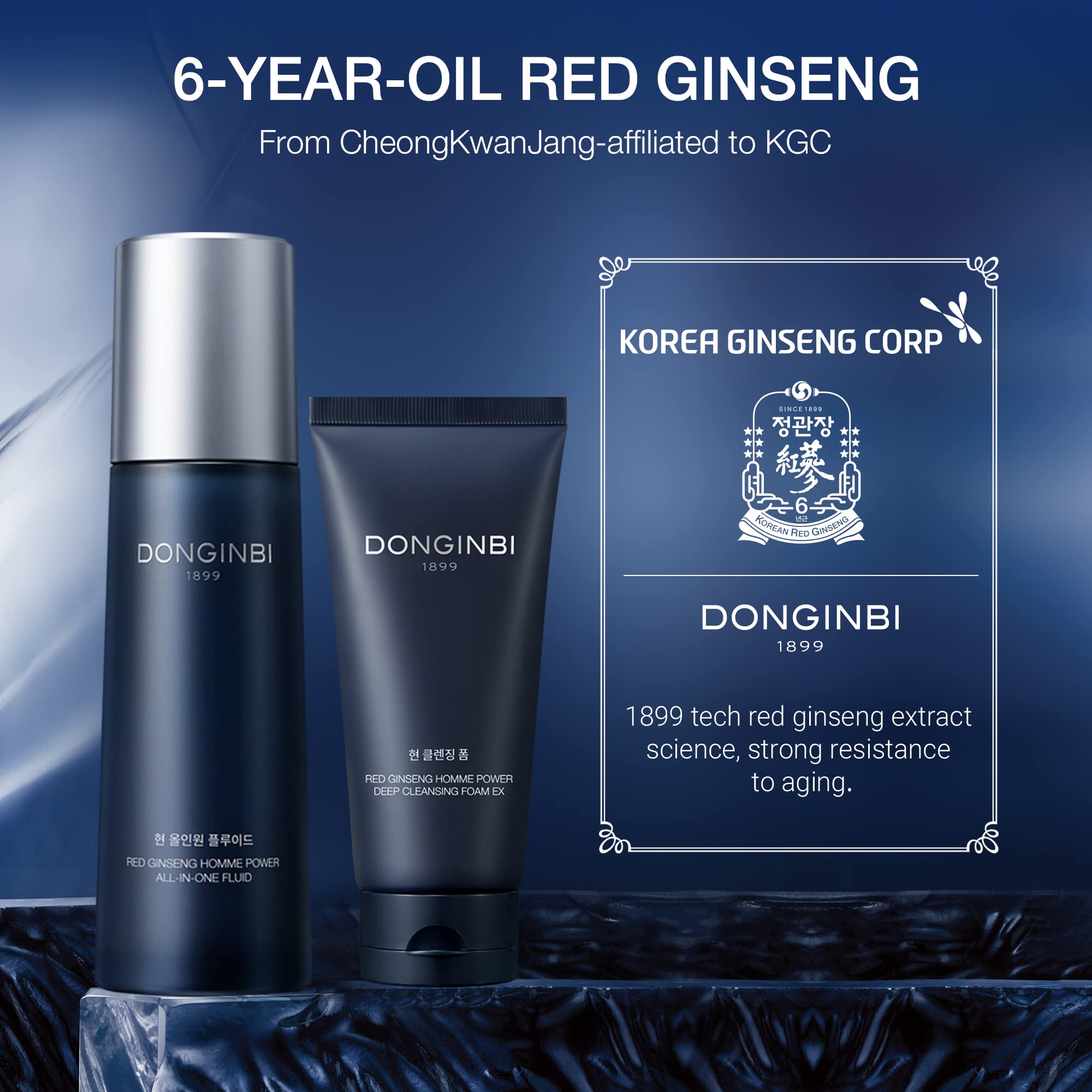 Donginbi Red Ginseng Men's Skincare Set - Cleansing Foam EX & All-in-One Fluid with Moisturizing Toner | Korean Anti-Aging Routine for Dry & Sensitive Skin | Daily Face Care & Travel Essentials