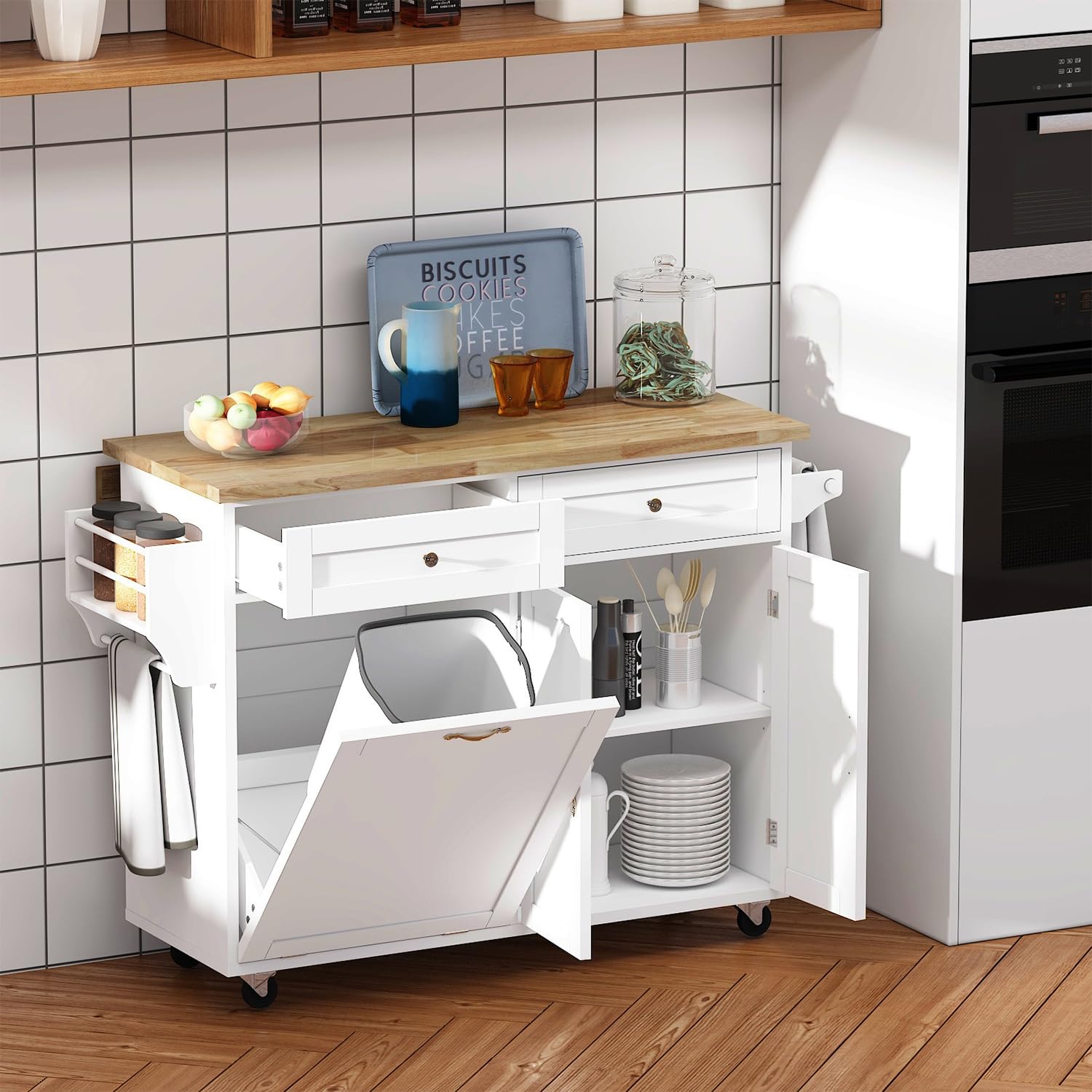 Large Kitchen Island with Drop Leaf - Rolling Trash Cabinet with 10 Gallon Storage, 2 Drawers, Spice Rack & Towel Rack - Mobile Kitchen Cart on Wheels for Home, Dining Room & Small Space Cooking (White) - Perfect for Meal Prep, Entertaining & Compact Kitchen Organization