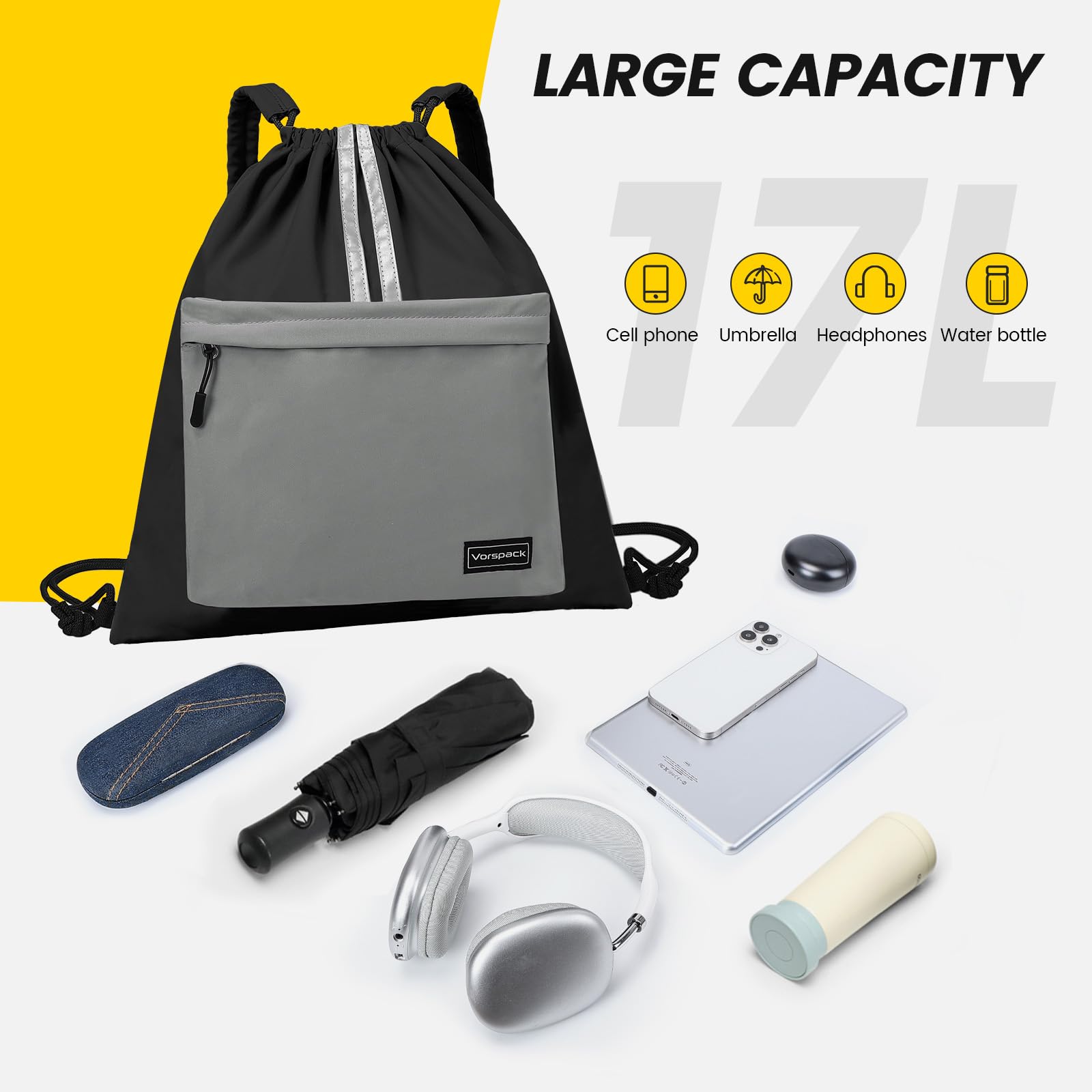 Vorspack Lightweight Drawstring Backpack with Front Pocket & Reflective Strips - Gym Sports Hiking Travel Sackpack for Men Women - Perfect for Workouts, School, Outdoor Adventures (Black)