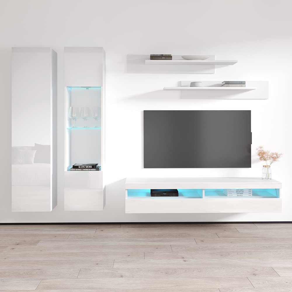 Modern White Wall-Mounted TV Stand with Storage Shelves & LED Lights - Floating Entertainment Center Console for 35