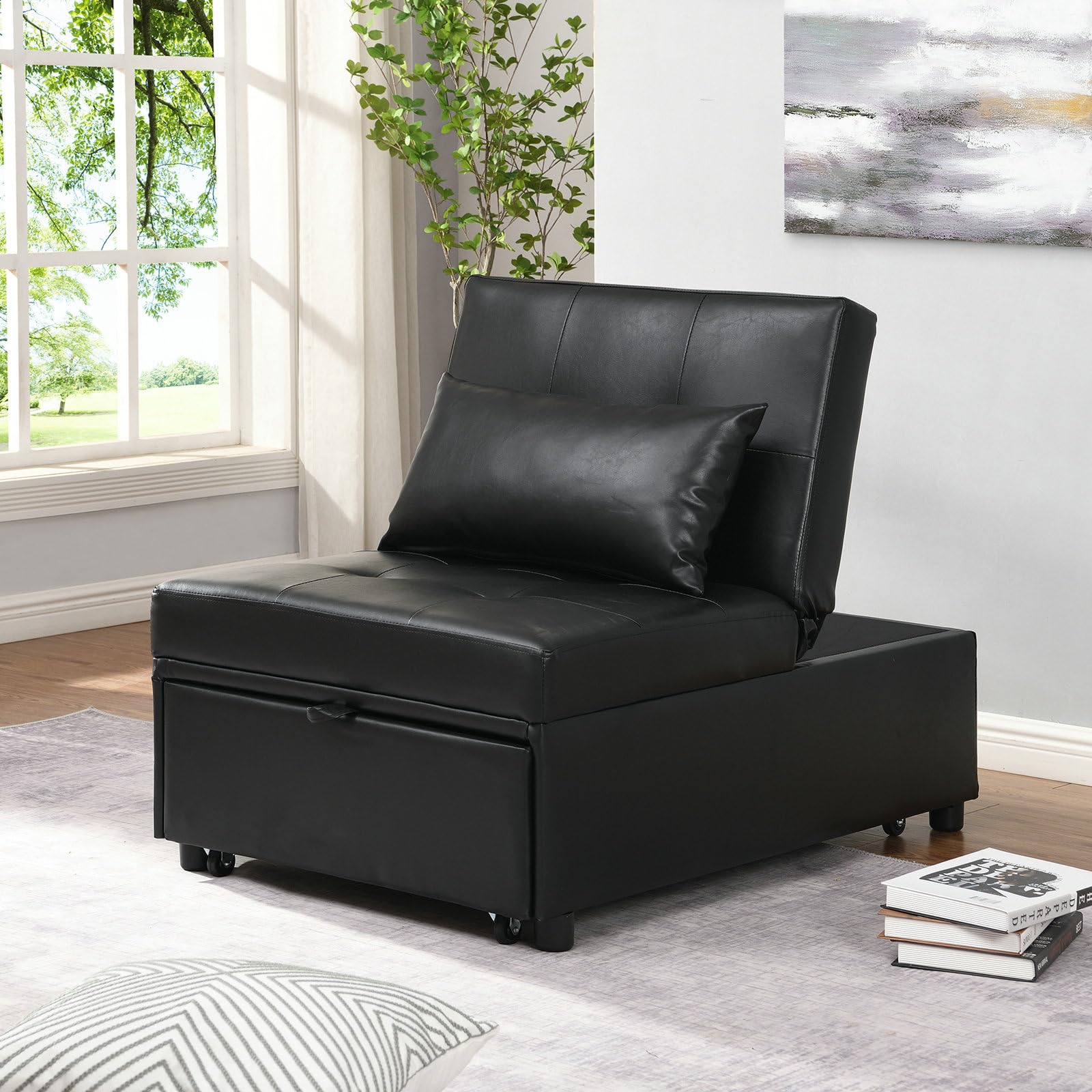 Aienid Black Leather Recliner Sofa Bed - Single Seater Couch for Living Room, Home Theater & Small Spaces - Comfortable Lounge Chair for Relaxing & Napping