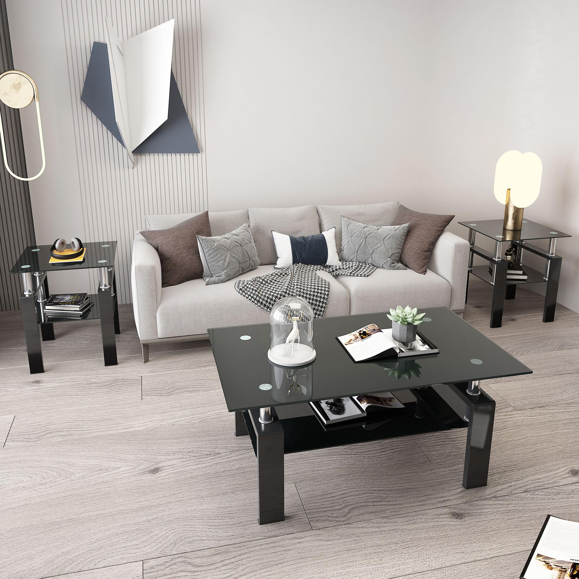 IANIYA 3-Piece Modern Tempered Glass Coffee Table Set - Black Living Room Furniture with Sleek Design & High Capacity - Perfect for Small Spaces, Apartments, and Contemporary Home Decor