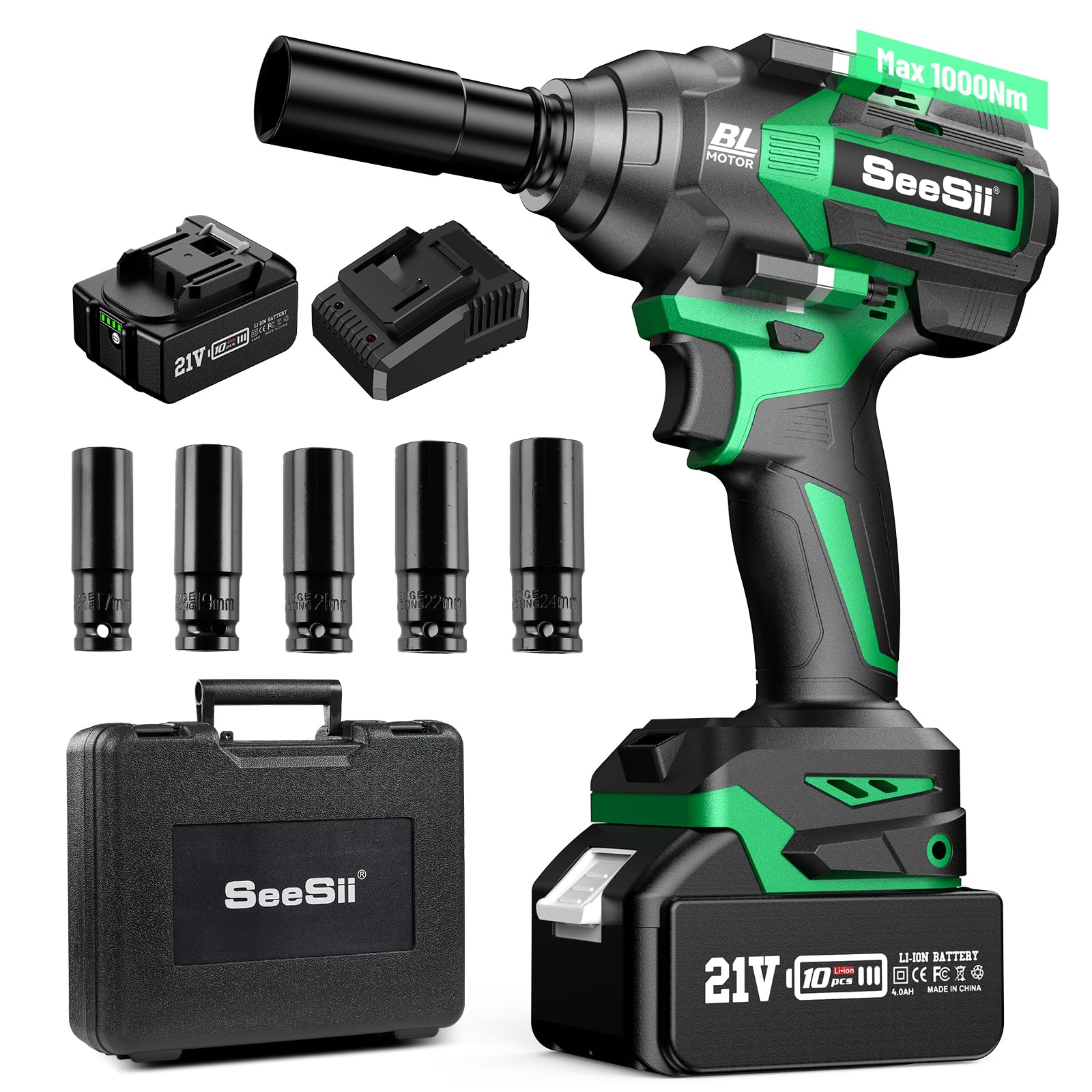 Seesii 1000Nm (738ft-lbs) Brushless Cordless Impact Wrench Kit - 1/2 Inch High Torque Electric Impact Gun with 4.0Ah Battery, Fast Charger, 5pc Socket Set & Storage Tool Box - Perfect for Car Repair, Truck Maintenance & DIY Automotive Projects