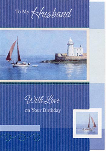 Blue Pinstripes Sailboat & Lighthouse Birthday Card for Husband - Elegant Die-Cut Short Fold Greeting Card - Perfect for Anniversaries, Father's Day & Special Occasions