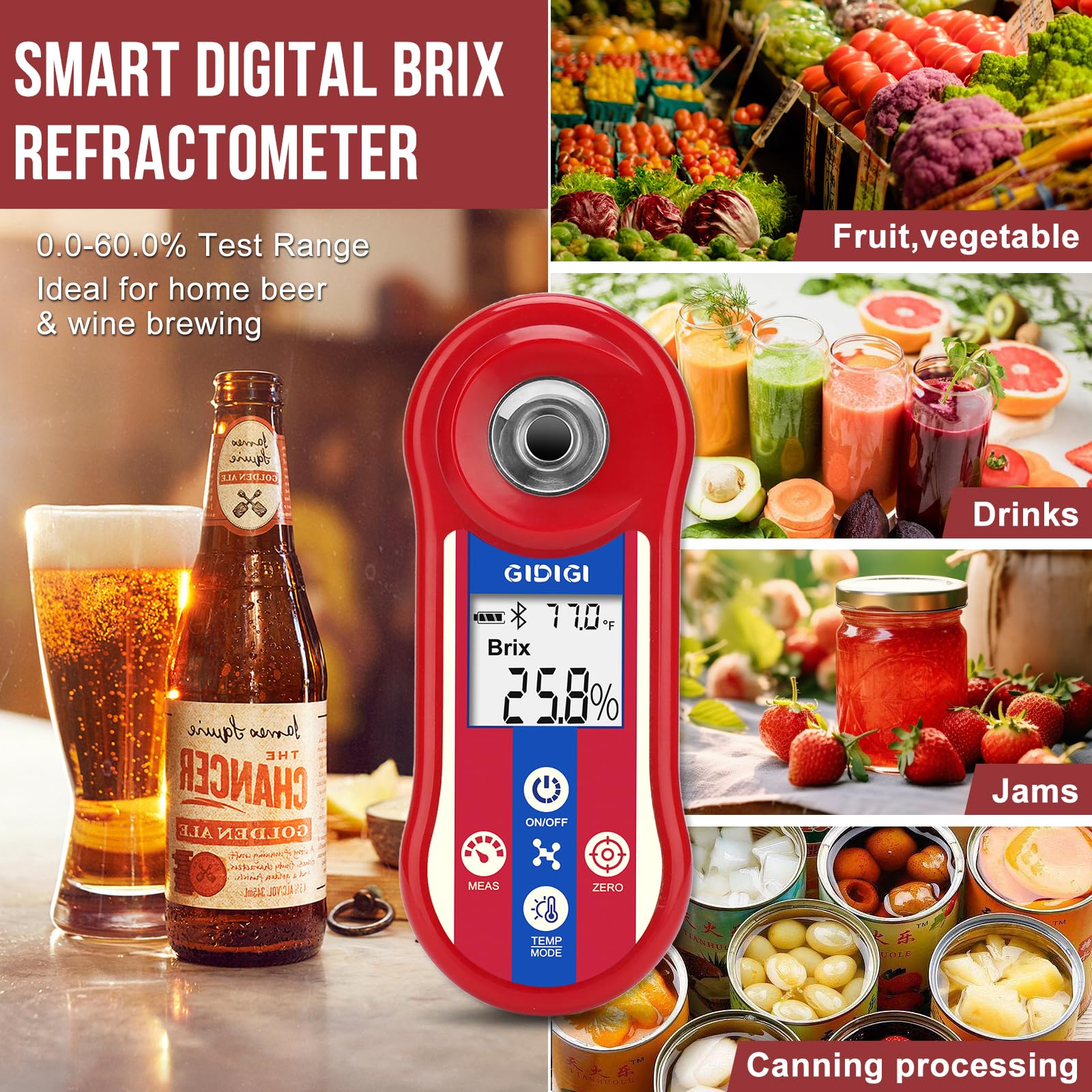 Digital Brix Refractometer & Salinity Tester - 0.0-60% Brix & 0.0-24% Saltwater ATC Meter for Wine, Beer, Juice, Coffee, Fruits - Portable Sugar Content Analyzer for Home Brewing, Aquariums, Food Processing & Agriculture