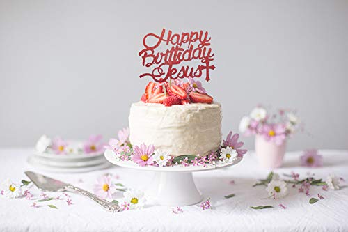 Happy Birthday Jesus Cake Topper - Red Glitter Jesus Birthday Decorations - Jesus is the Reason for the Season - Christmas Nativity Cake Decor for Holiday Parties & Church Celebrations
