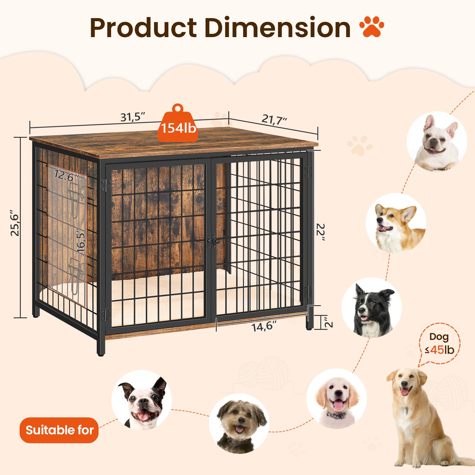 Sturdy Wooden Dog Crate Furniture with Plush Cushion - Double Door Design for Small, Medium & Large Dogs - Heavy Duty Indoor Dog Kennel & End Table (31.5
