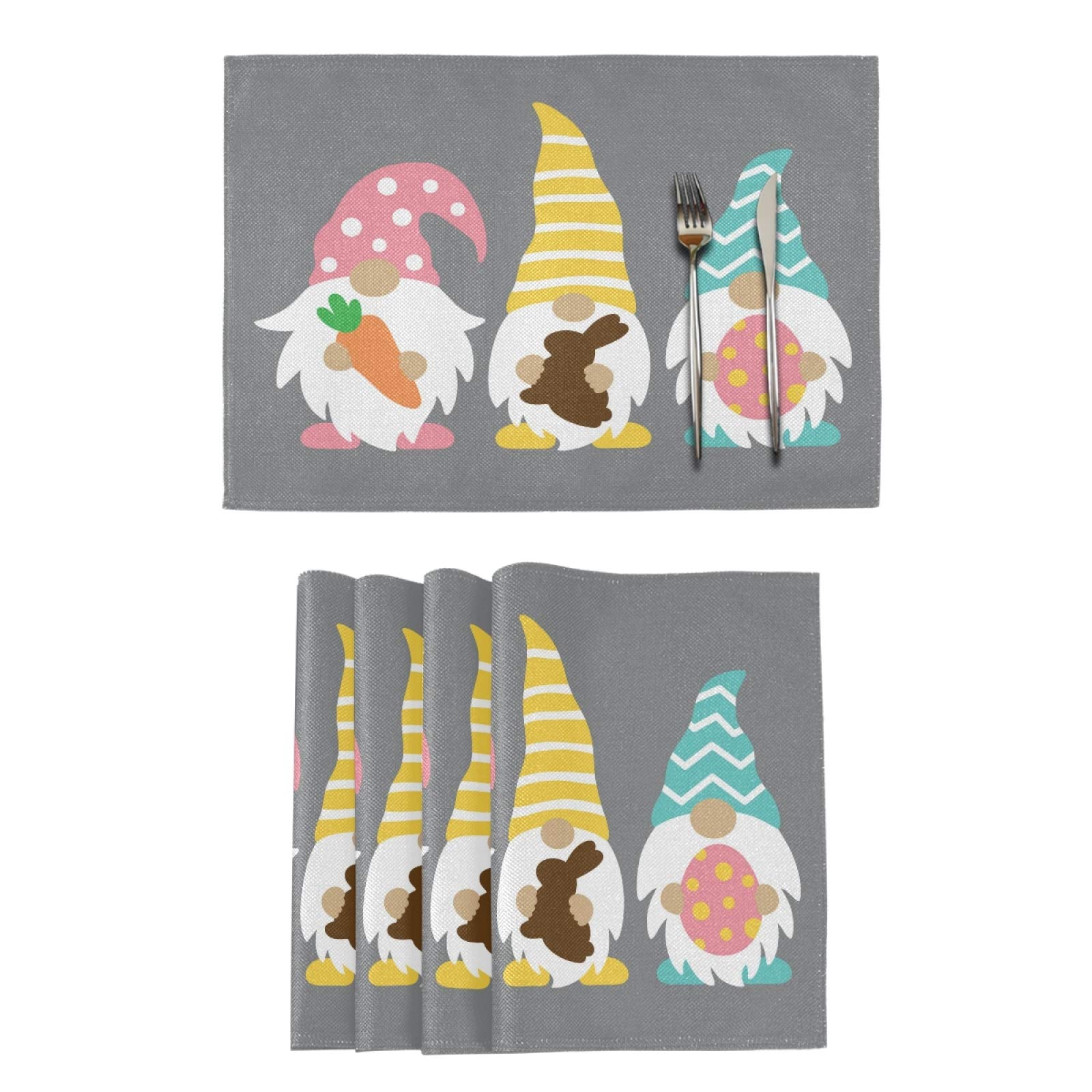 Heat-Resistant Egg Rabbit Gnomes Placemats Set of 4 - Cute Easter Table Decor for Kitchen & Dining Room - Perfect for Holiday Gatherings, Brunch, and Spring Celebrations