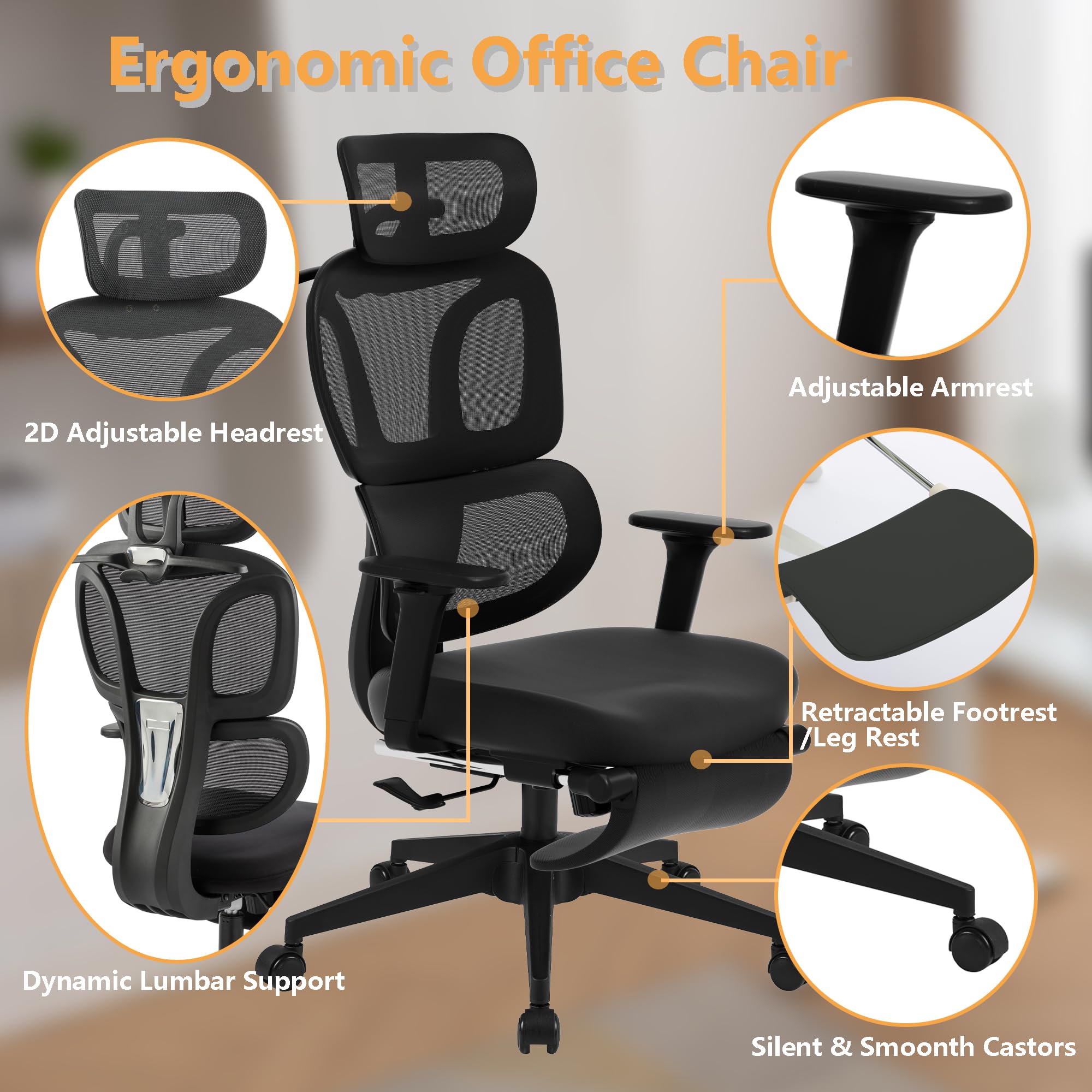 FLEXISPOT Big and Tall Ergonomic Mesh Office Chair - Adjustable Computer Desk Chair with Footrest, Lumbar Support & 360° Swivel - Black Mesh Executive Chair for Home Office & Gaming Setup