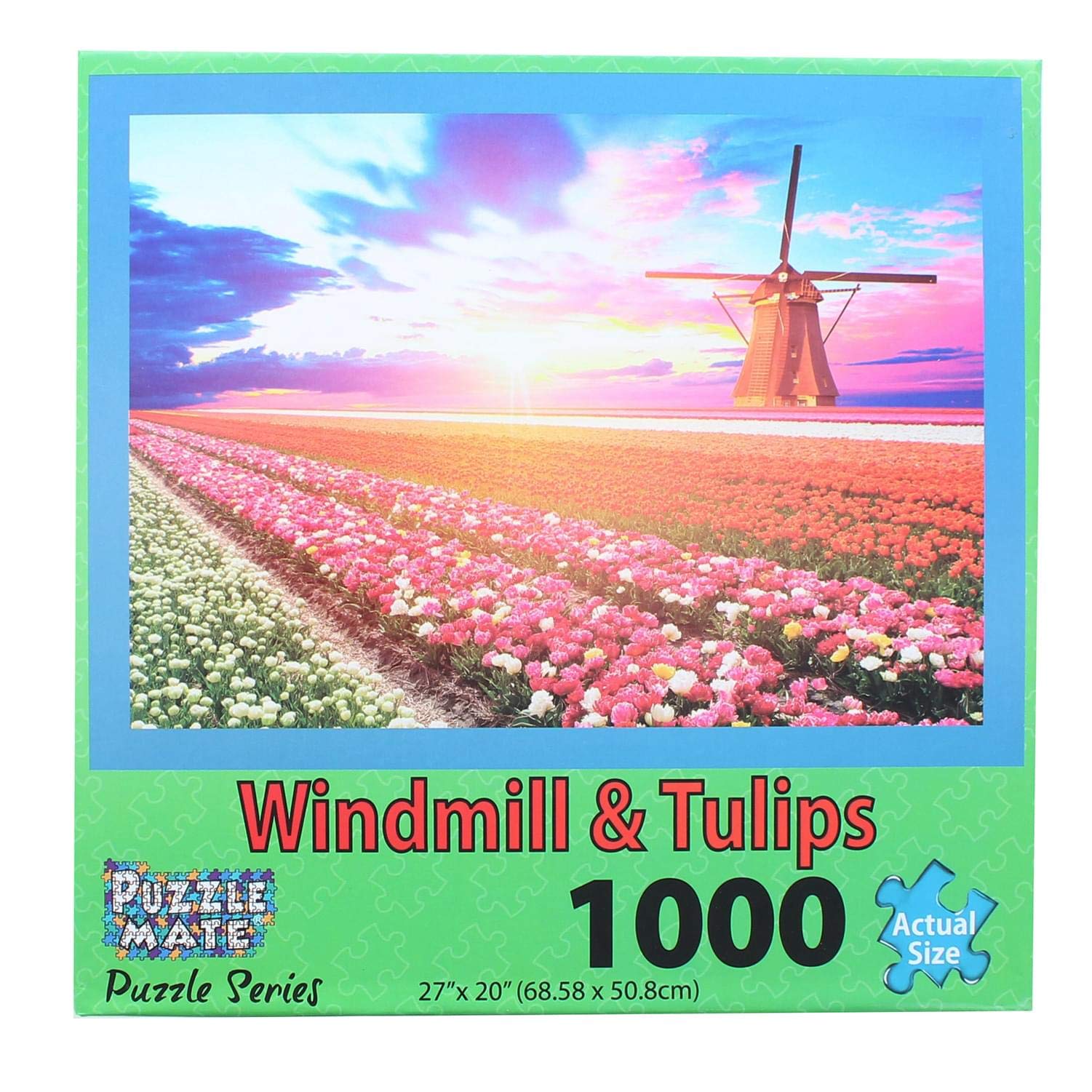 Puzzle Mate - Windmill & Tulips - 1000 Piece Jigsaw Puzzle for Adults - Challenging Dutch Landscape Art - Perfect for Family Game Night & Stress Relief