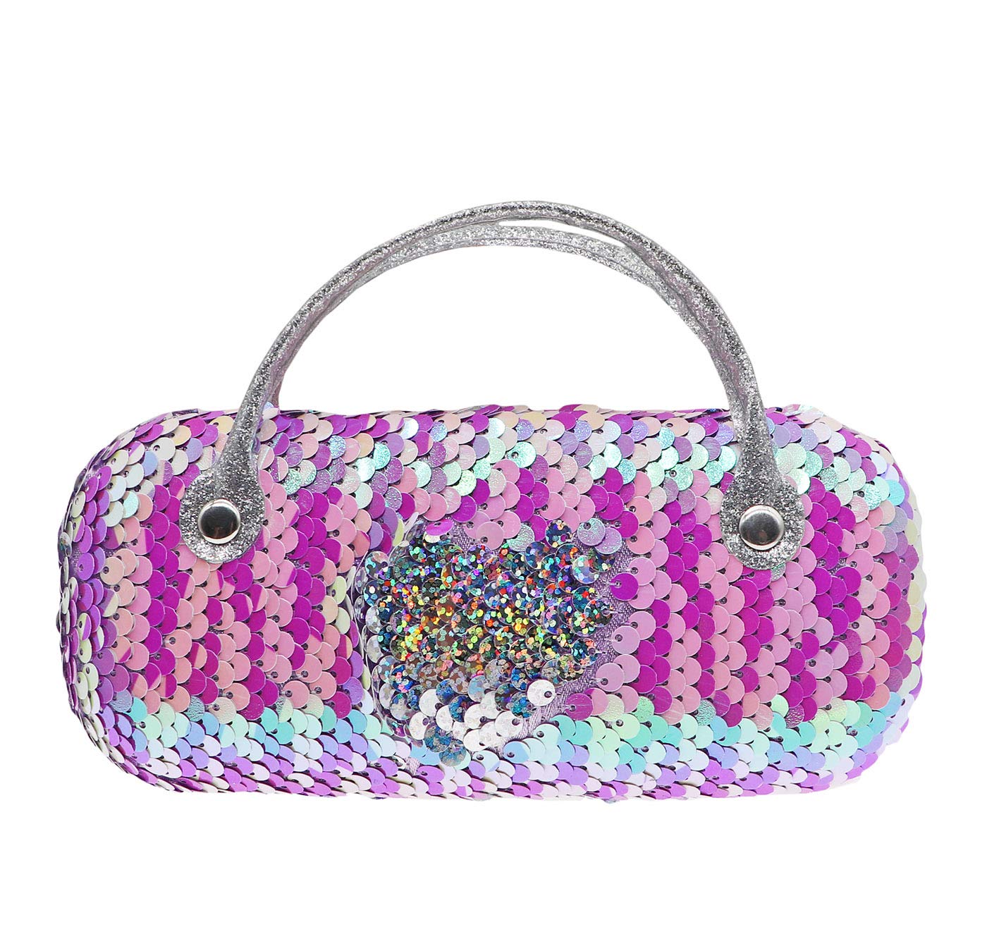 Reversible Sequins Glasses Case for Women, Kids, Girls & Boys - Sparkly Hard Shell Eyeglass Pouch with Handle | Perfect for School, Travel & Gift Giving