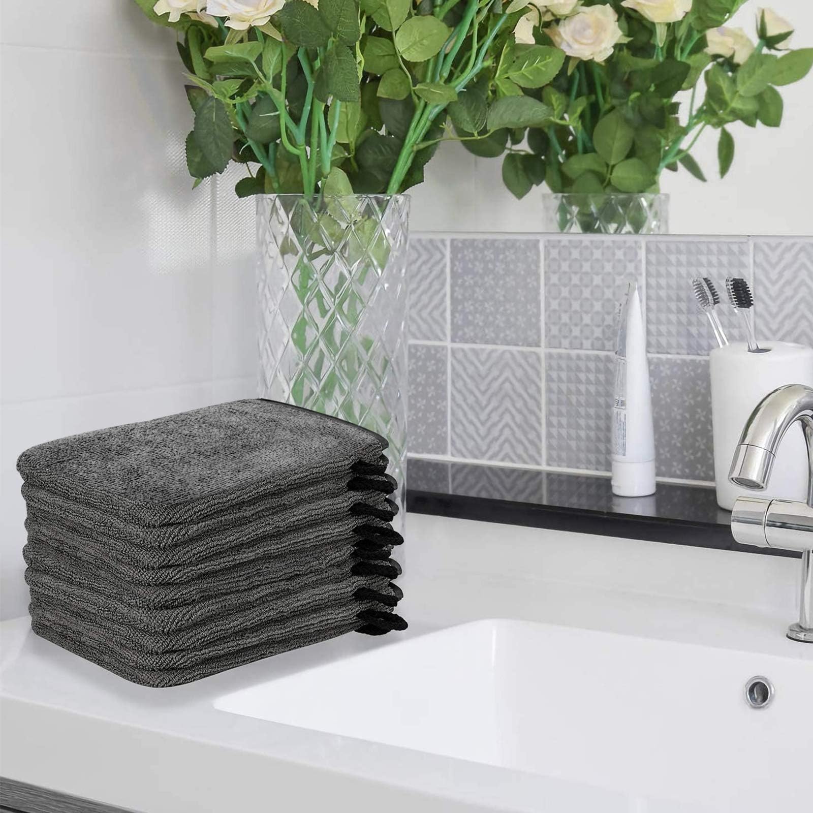 PHOGARY 10 Pack Microfiber Bath Gloves - Soft Reusable Face & Body Wash Mitts for Spa, Makeup Removal - 6x8 Inch Grey European Style Wash Cloths - Perfect for Shower, Skincare & Travel Essentials