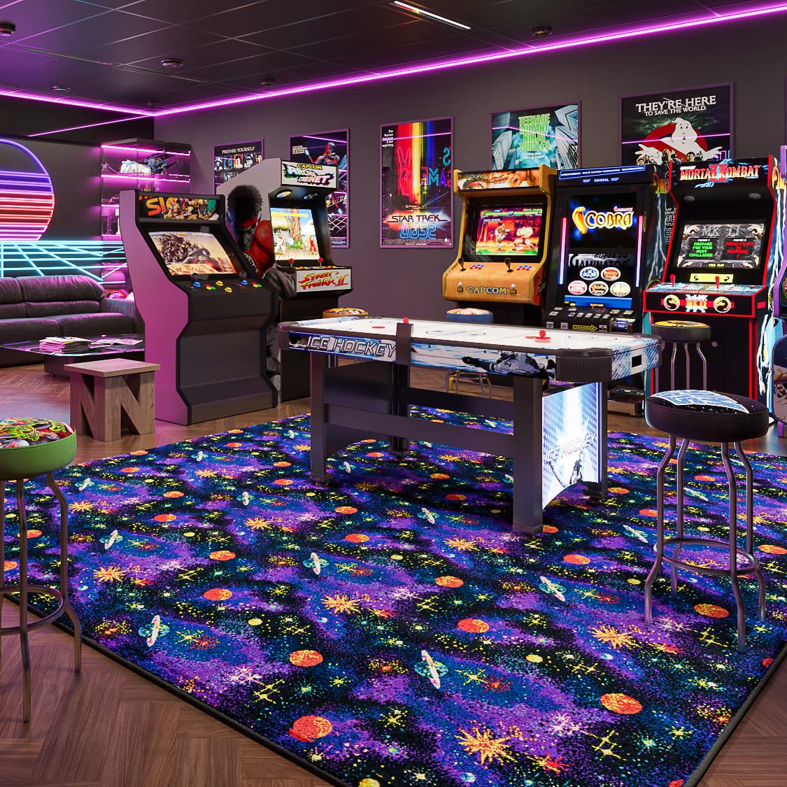 Joy Carpets Fluorescent Space Explorer 4' x 6' Kids Area Rug - Galaxy Themed Bedroom Decor for Boys & Girls | Playroom, Nursery, Dorm Room Floor Mat