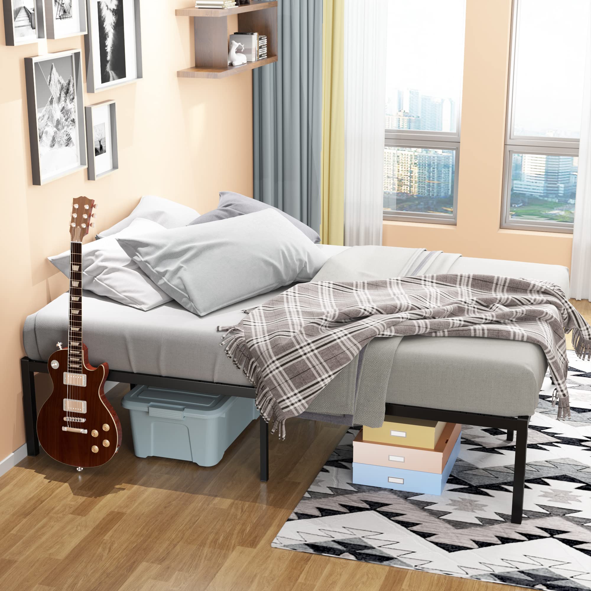 Weehom 14 Inch Queen Metal Platform Bed Frame with Heavy Duty Steel Slats - No Box Spring Needed, Mattress Foundation with Underbed Storage Space - Easy Assembly in Black - Perfect for Modern Bedrooms, Guest Rooms & Small Spaces