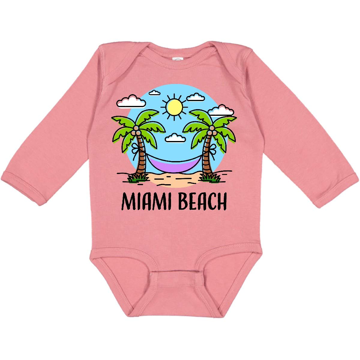 Inktastic Summer Vacation in Miami Beach Long Sleeve Baby Bodysuit - Soft Cotton Onesie for Boys & Girls, Beach Outfit, Family Vacation Matching Outfits, Newborn Photoshoot