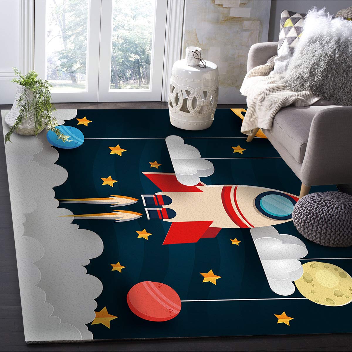 Soft Modern Kids Area Rug - Space Exploration Rocket & Spaceship Pattern - Non-Slip Nursery Rug for Boys Girls Bedroom, Playroom, Living Room - Perfect for Home Decor, Play Areas & Cozy Floor Covering