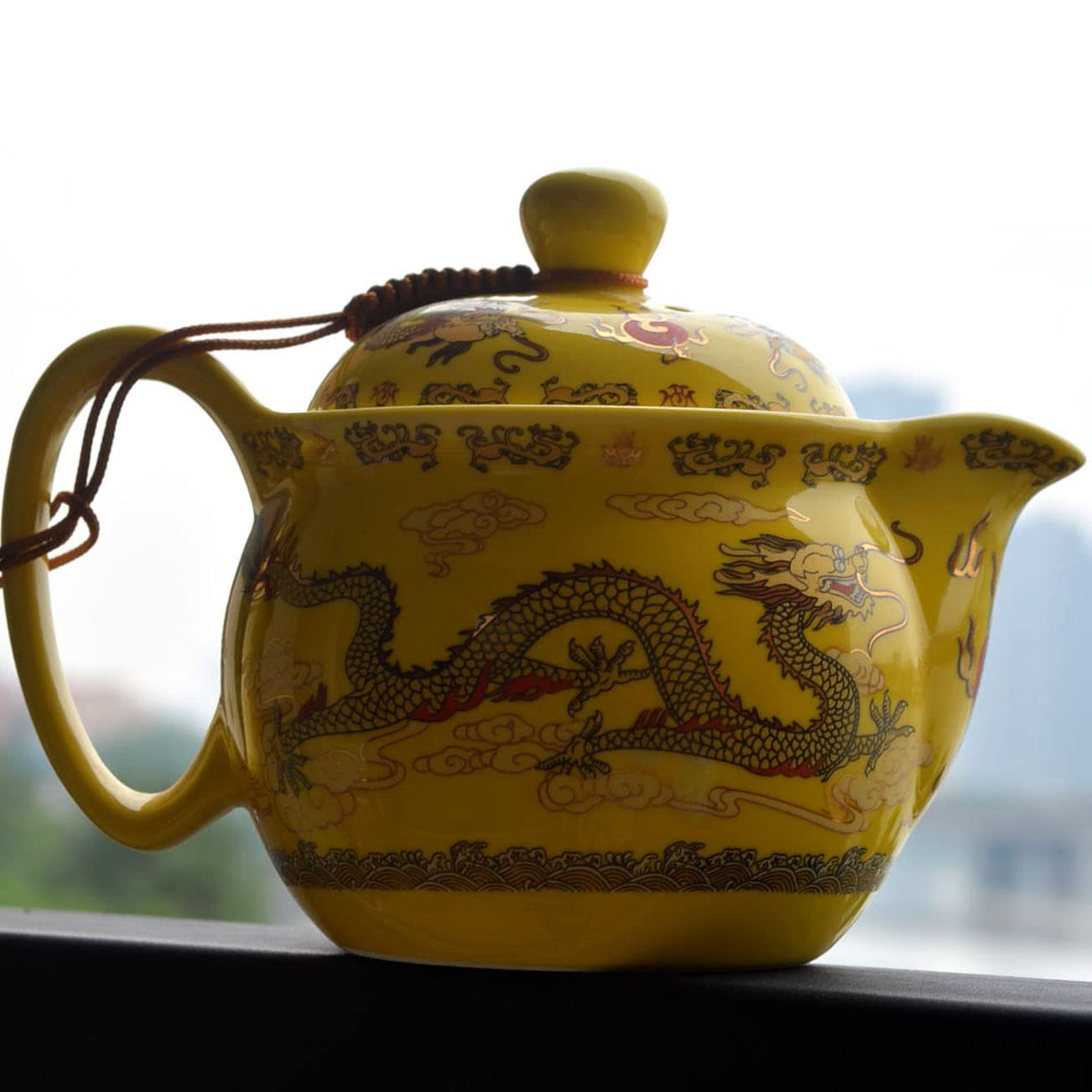 12oz Chinese Dragon Teapot with Infuser - Yellow Porcelain for Loose Tea Brewing at Home