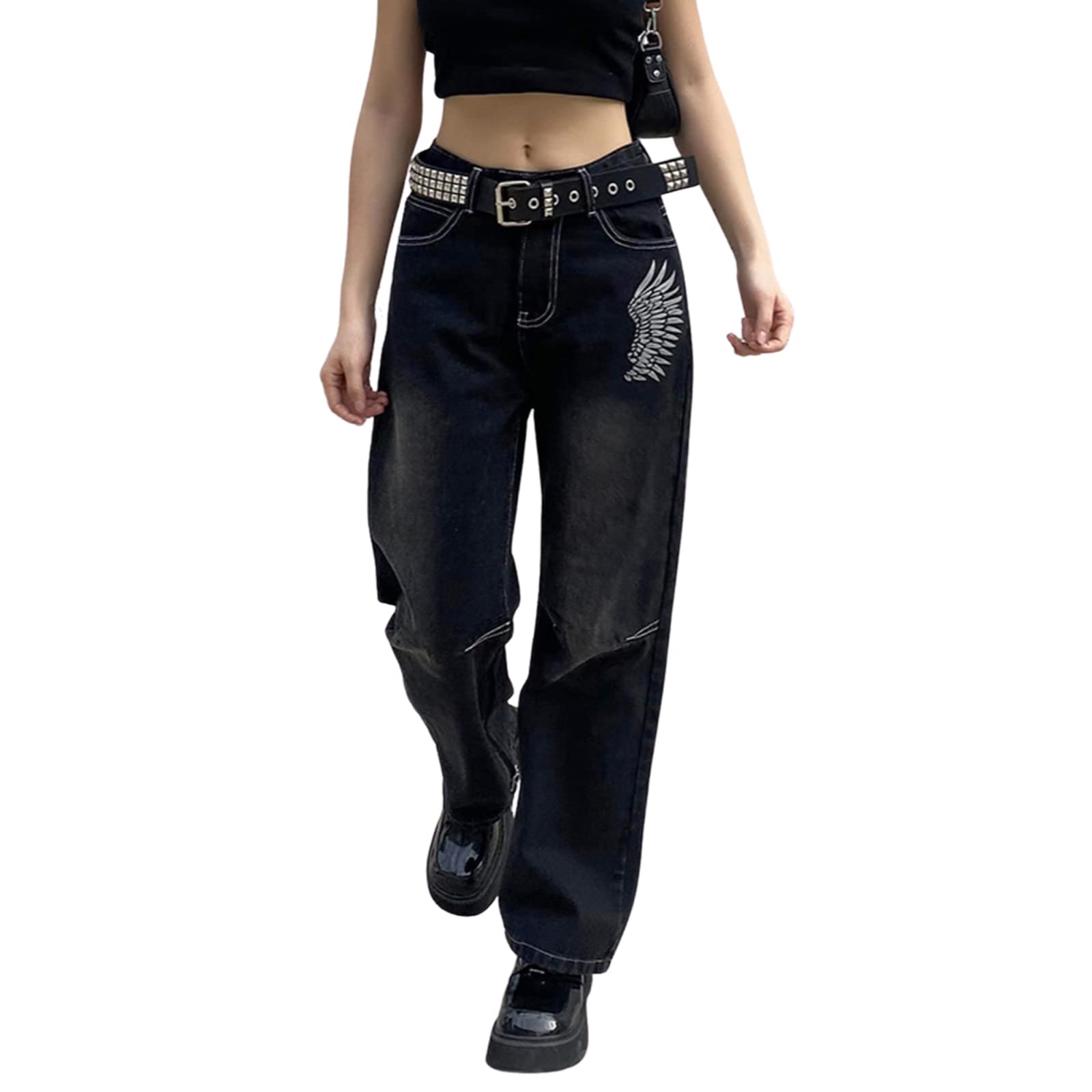 Gothic Cargo Jeans for Women - High Waist Straight Leg Punk Grunge Baggy Pants with Pockets | Y2K Streetwear Fashion | Perfect for Concerts, Raves & Alternative Outfits