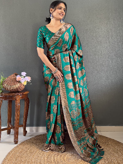 1 Minute Teal Green Soft Moss Silk Stitched Ready-Made Saree for Women - Elegant Indian Traditional Wear for Weddings, Parties & Festive Occasions