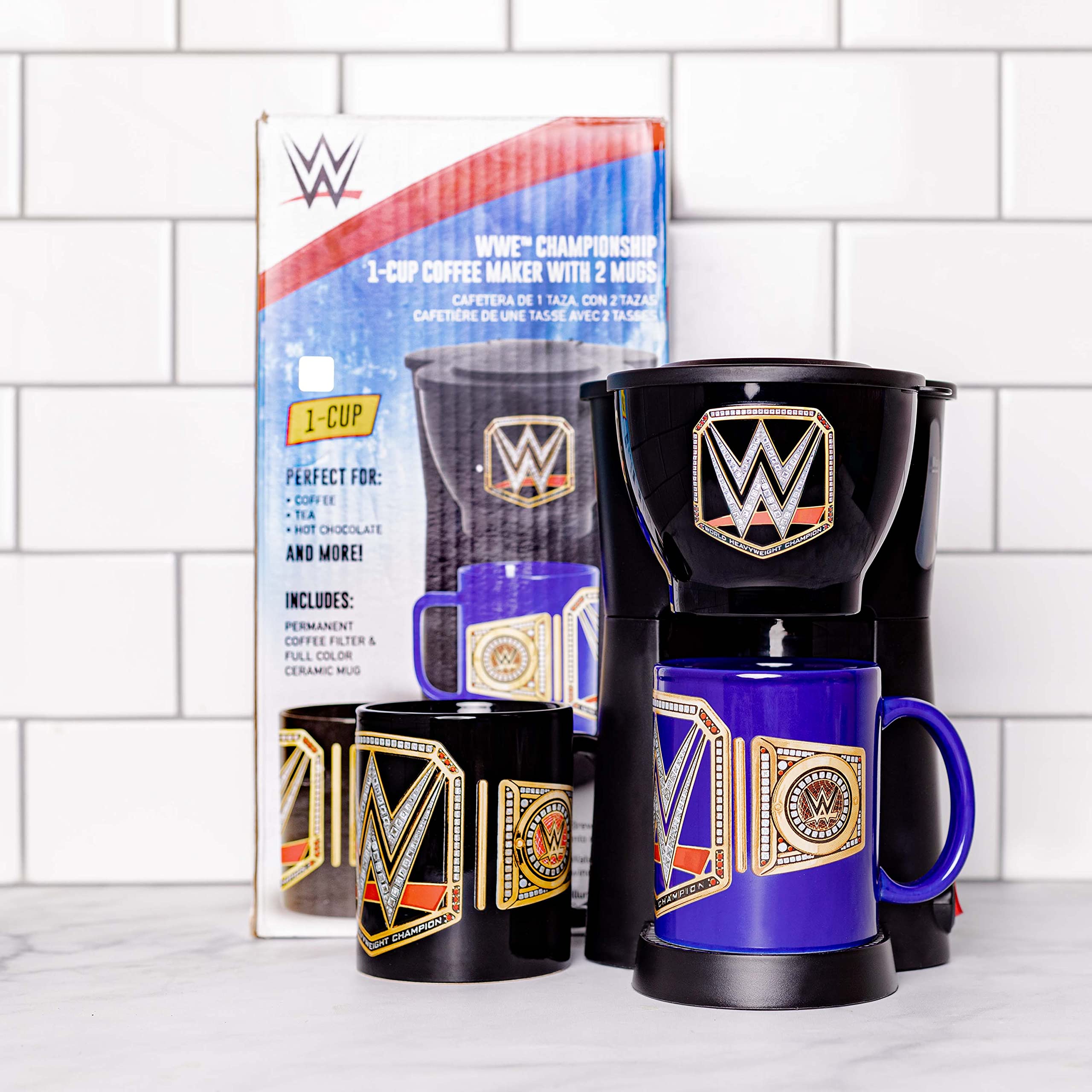 Uncanny Brands WWE Single Serve Coffee Maker Gift Set with 2 Champion Mugs - Perfect for Wrestling Fans & Coffee Lovers - Great for Home, Office & WWE Viewing Parties