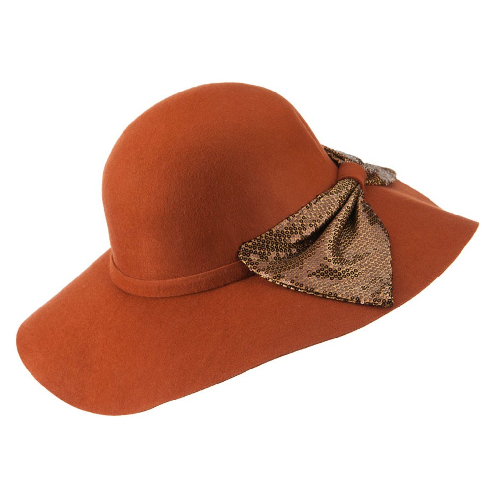 Wool Felt Wide Brim Hat with Big Sequin Bow - Pecan Brown | Fashion Winter Hat for Women, Outdoor Events & Holiday Parties
